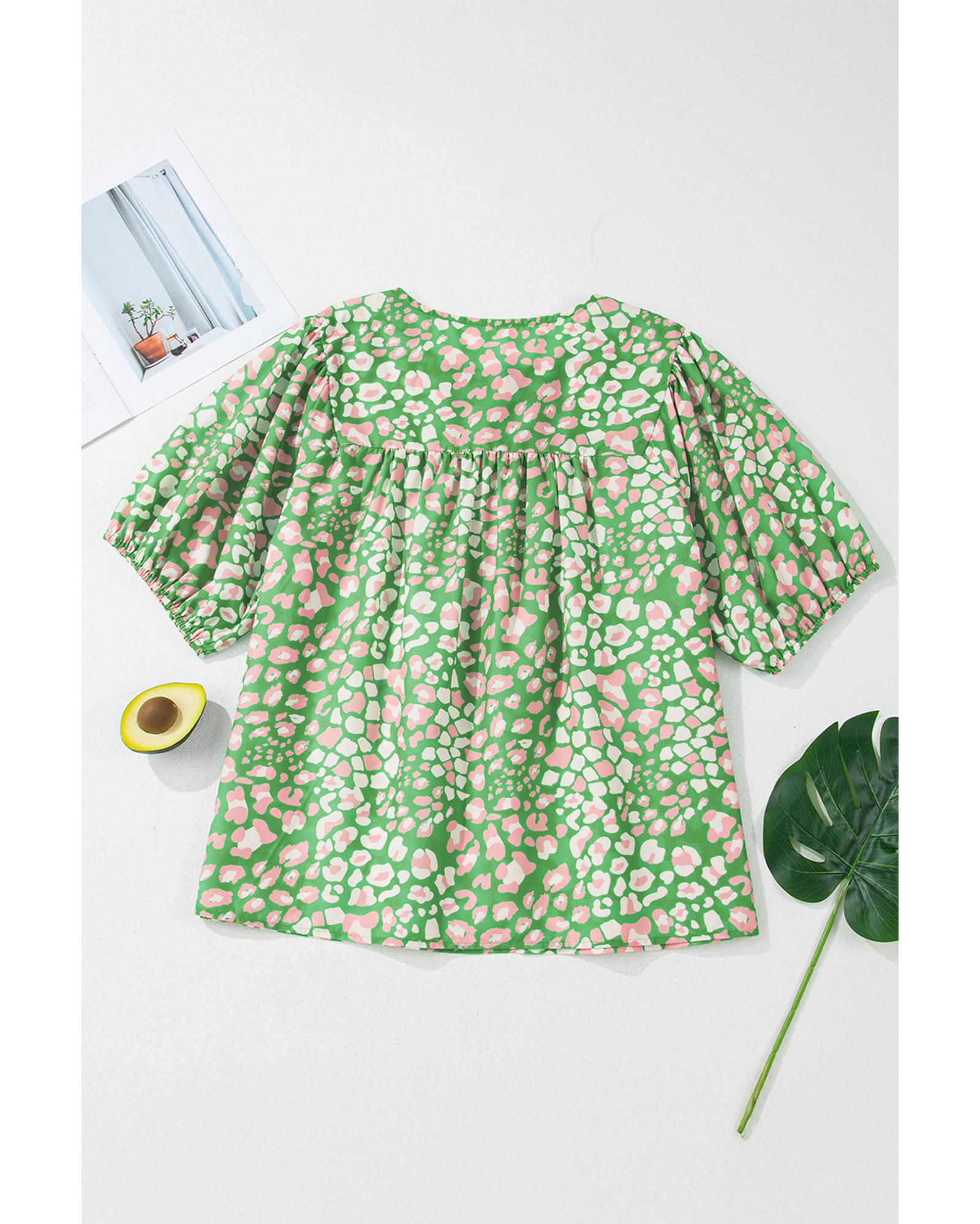 Green Plus Size Floral Tassel Tie Split Neck Puff Sleeve Blouse - 1X 6