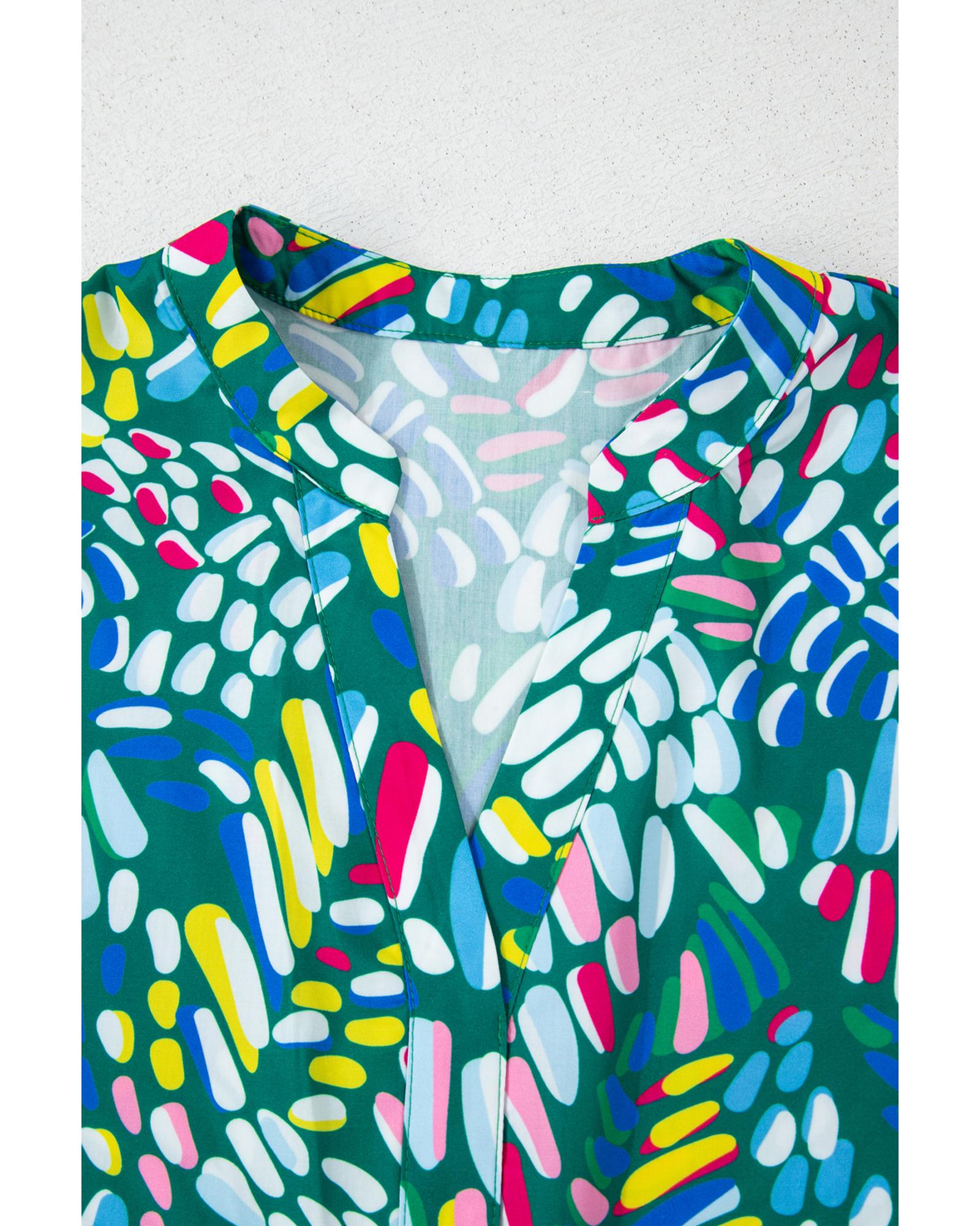 Green Abstract Print Knotted Short Sleeve Plus Size Blouse - 1X 8