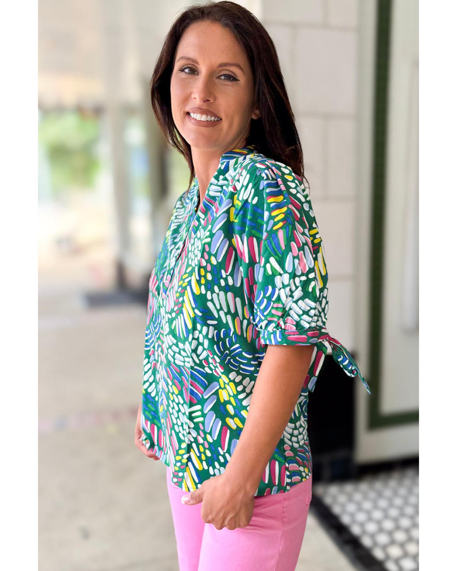 Green Abstract Print Knotted Short Sleeve Plus Size Blouse - 2X 3