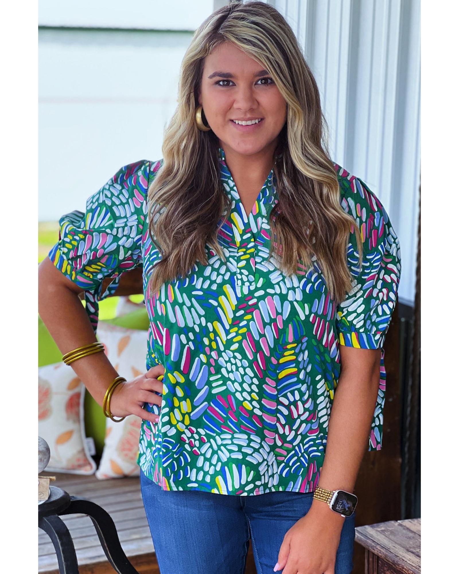Green Abstract Print Knotted Short Sleeve Plus Size Blouse - 2X 5