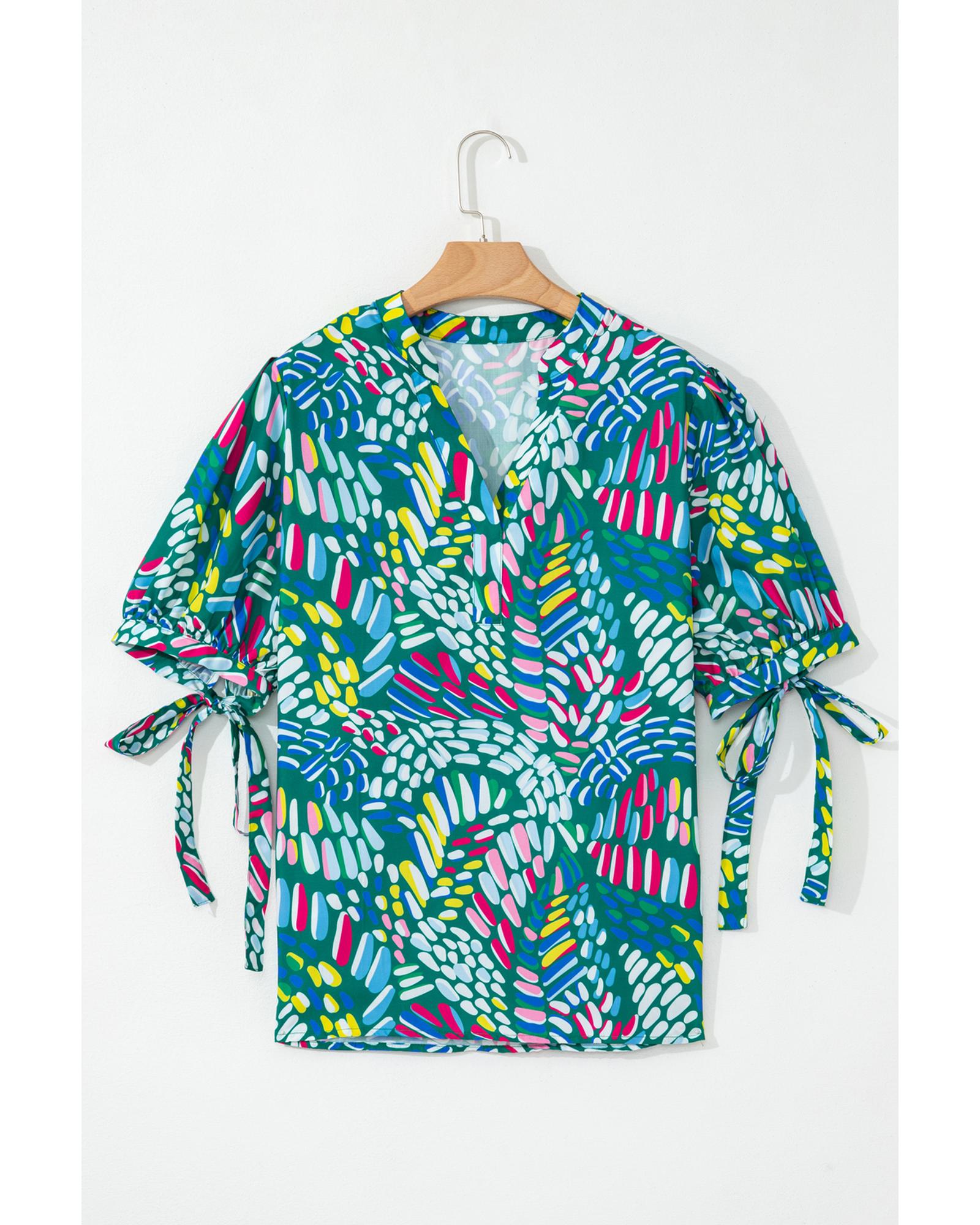 Green Abstract Print Knotted Short Sleeve Plus Size Blouse - 2X 6