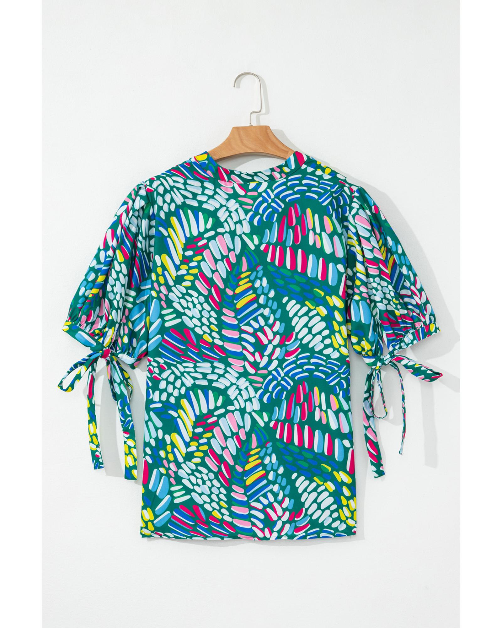 Green Abstract Print Knotted Short Sleeve Plus Size Blouse - 2X 7