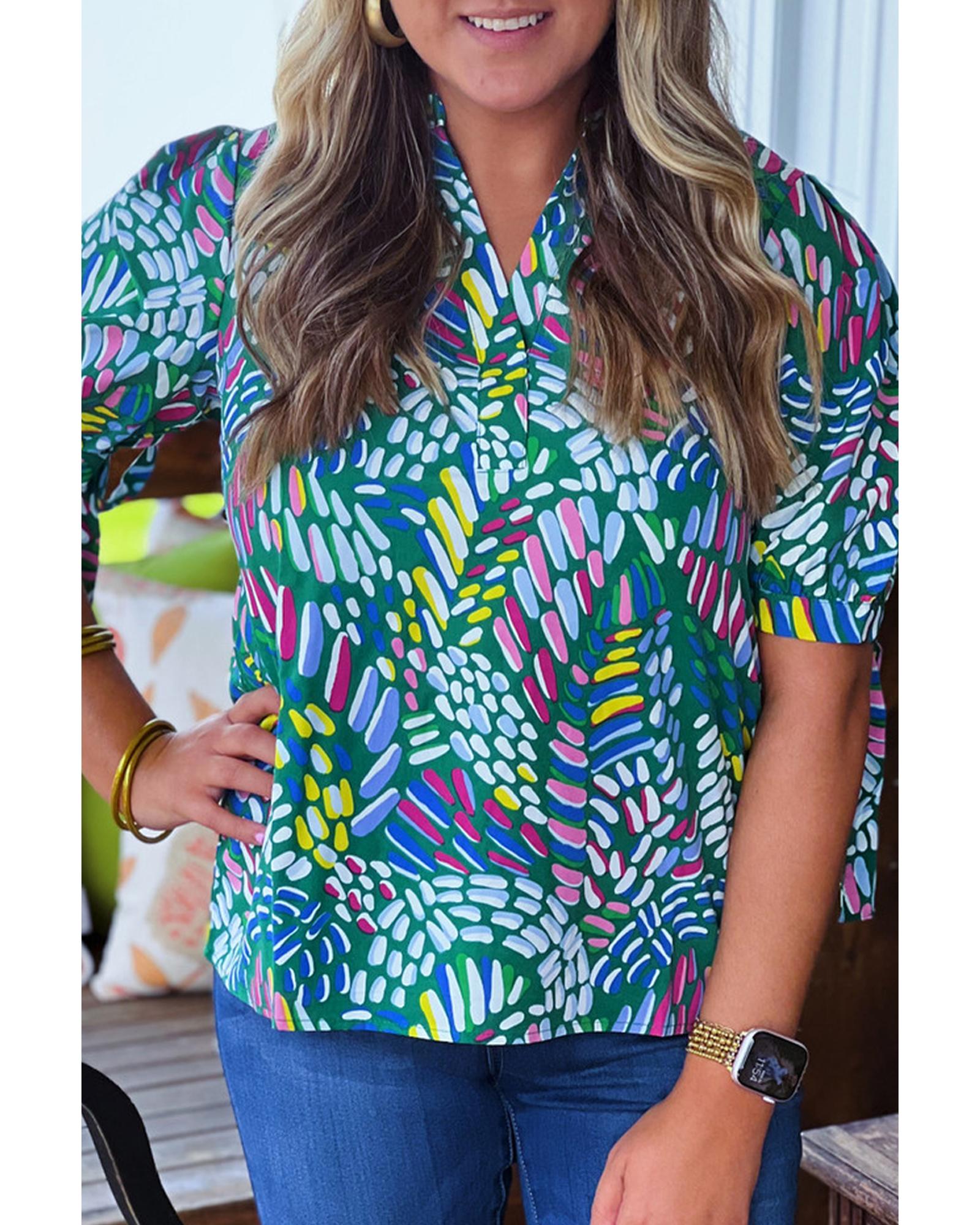 Green Abstract Print Knotted Short Sleeve Plus Size Blouse - 4X