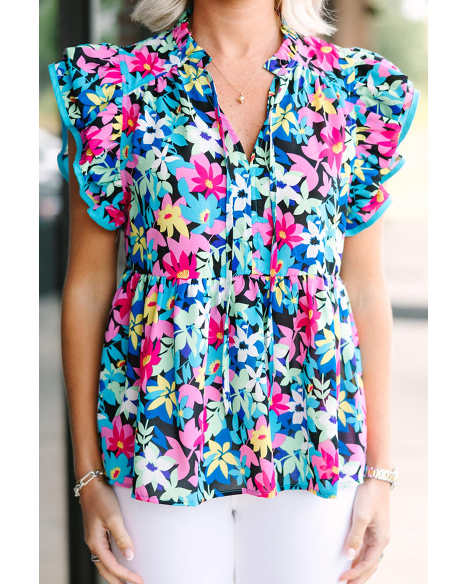 Blue Floral Flutter Sleeve Tied Notched Neck Plus Size Blouse - 1X 3