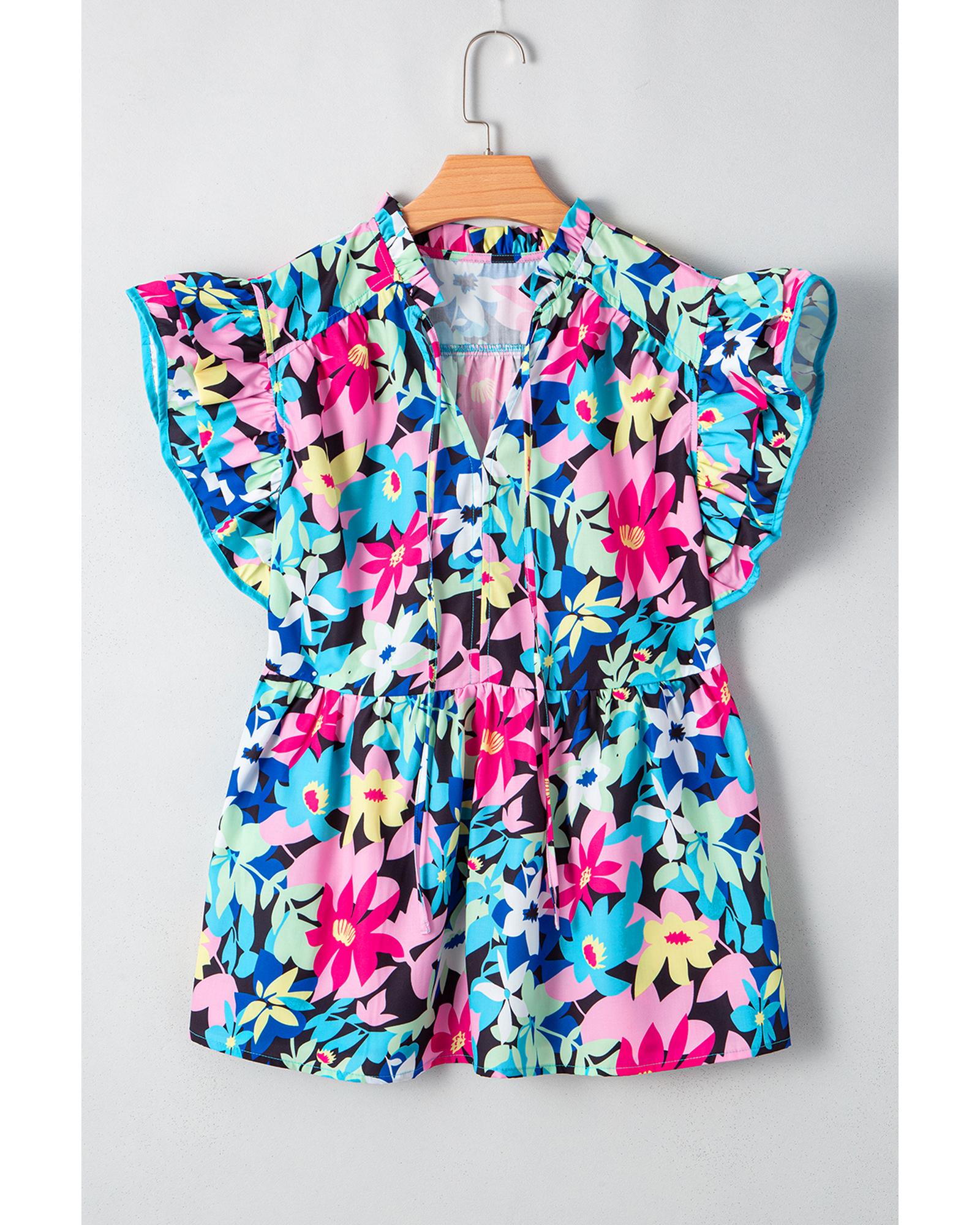 Blue Floral Flutter Sleeve Tied Notched Neck Plus Size Blouse - 1X 6