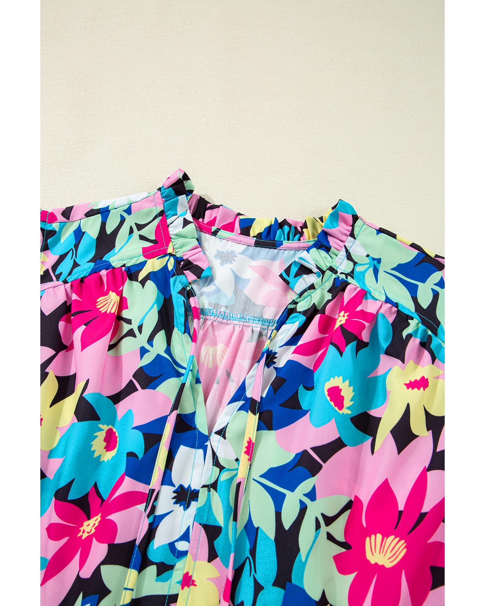 Blue Floral Flutter Sleeve Tied Notched Neck Plus Size Blouse - 1X 8