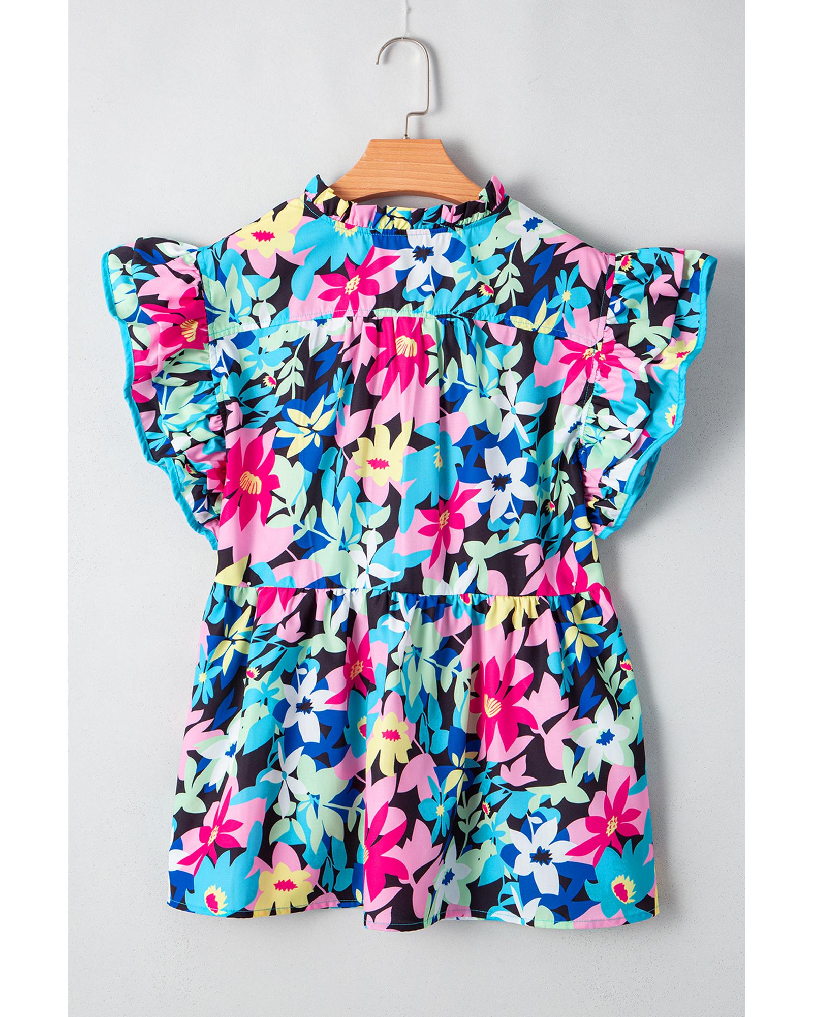 Blue Floral Flutter Sleeve Tied Notched Neck Plus Size Blouse - 2X 7