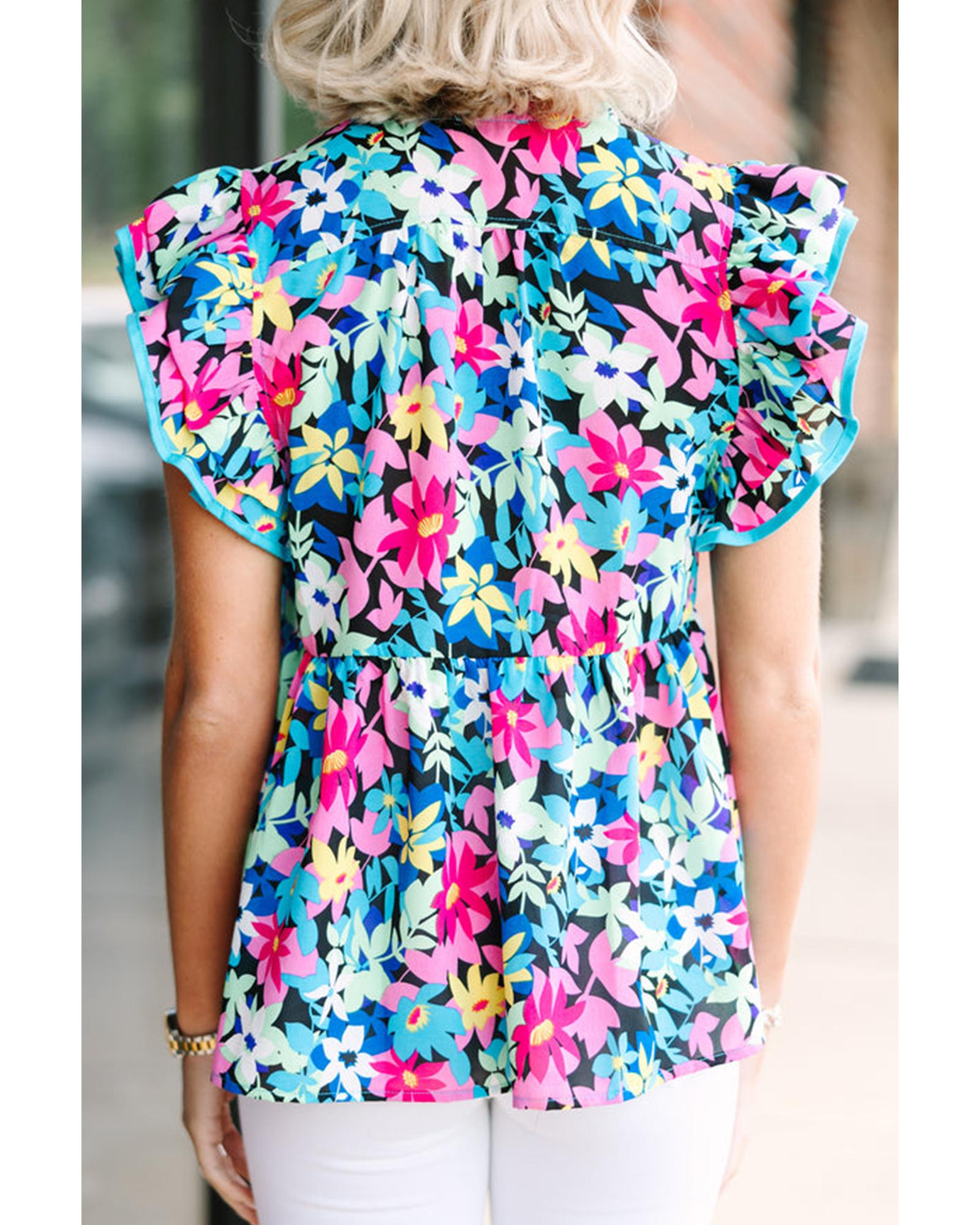 Blue Floral Flutter Sleeve Tied Notched Neck Plus Size Blouse - 4X