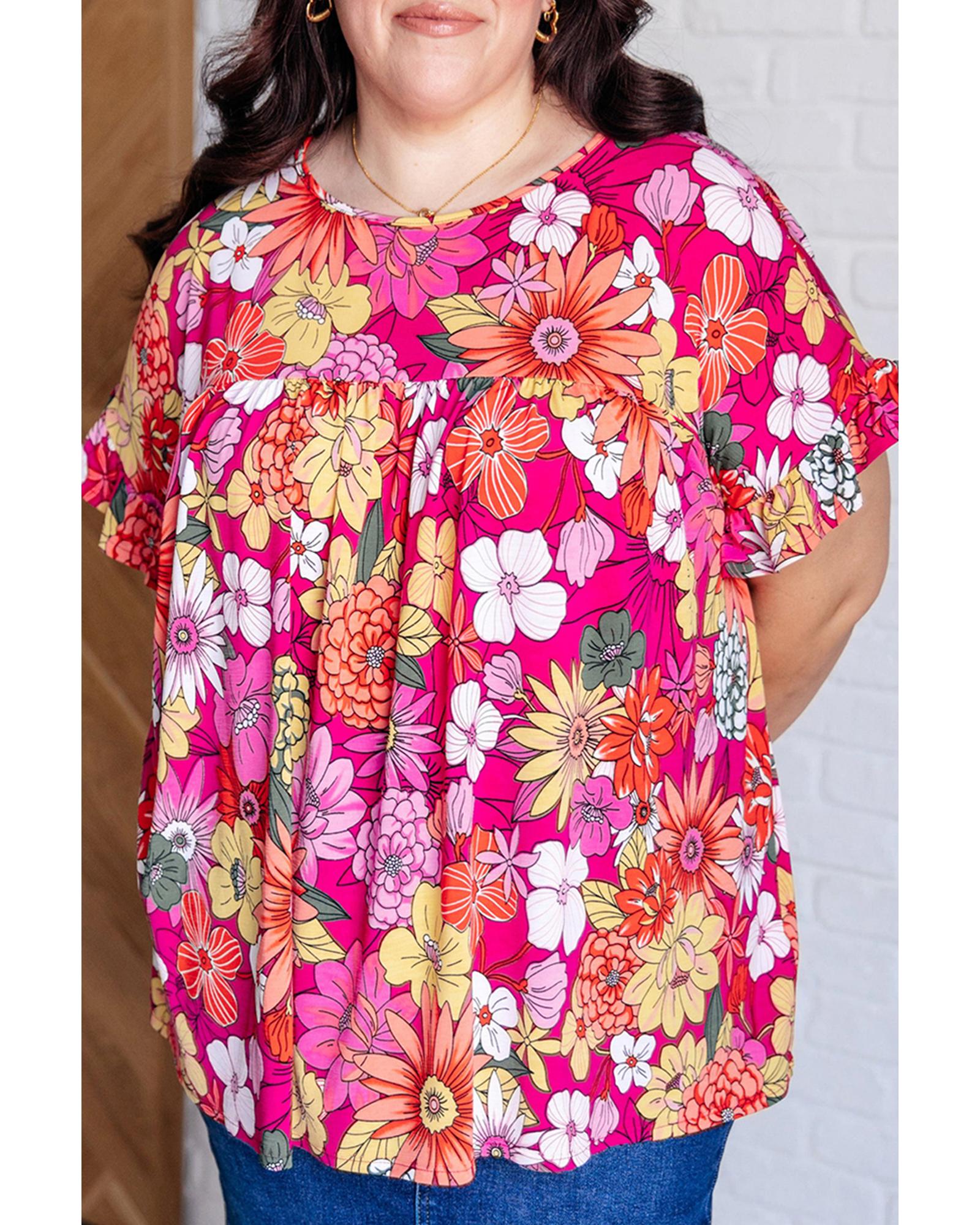 Rose Plus Size Floral Print Ruffle Short Sleeve Blouse - 1X