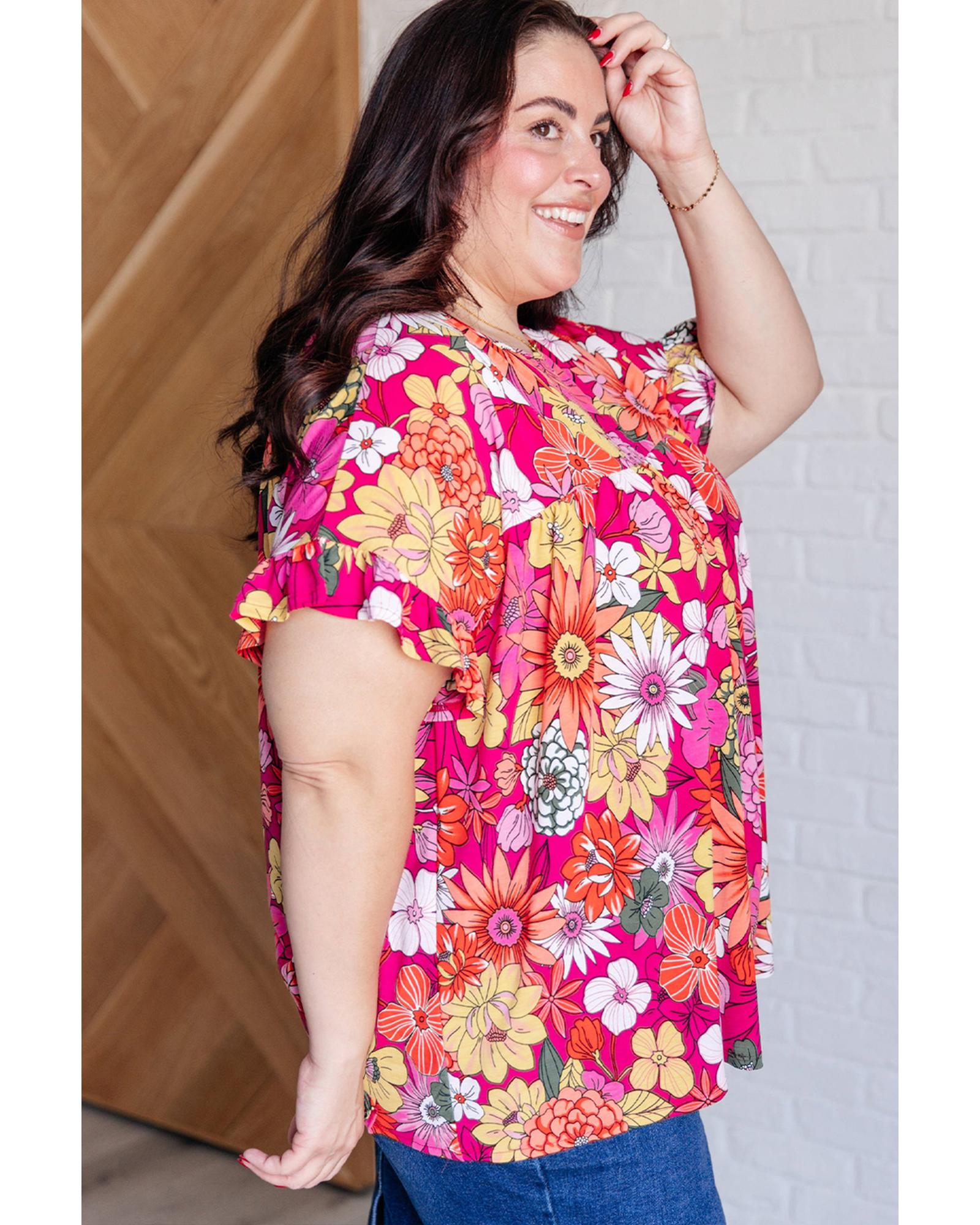 Rose Plus Size Floral Print Ruffle Short Sleeve Blouse - 1X 4