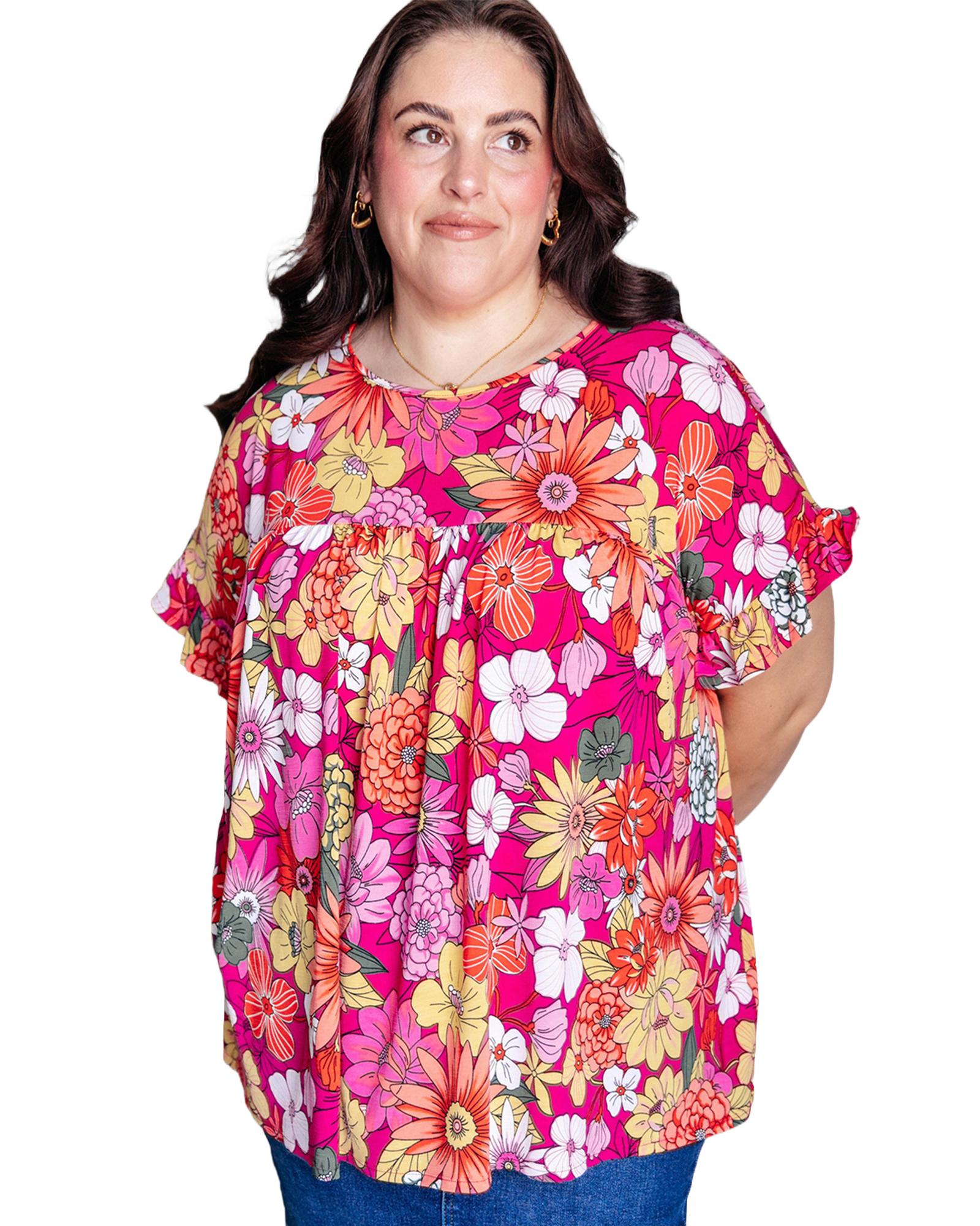 Rose Plus Size Floral Print Ruffle Short Sleeve Blouse - 1X 7