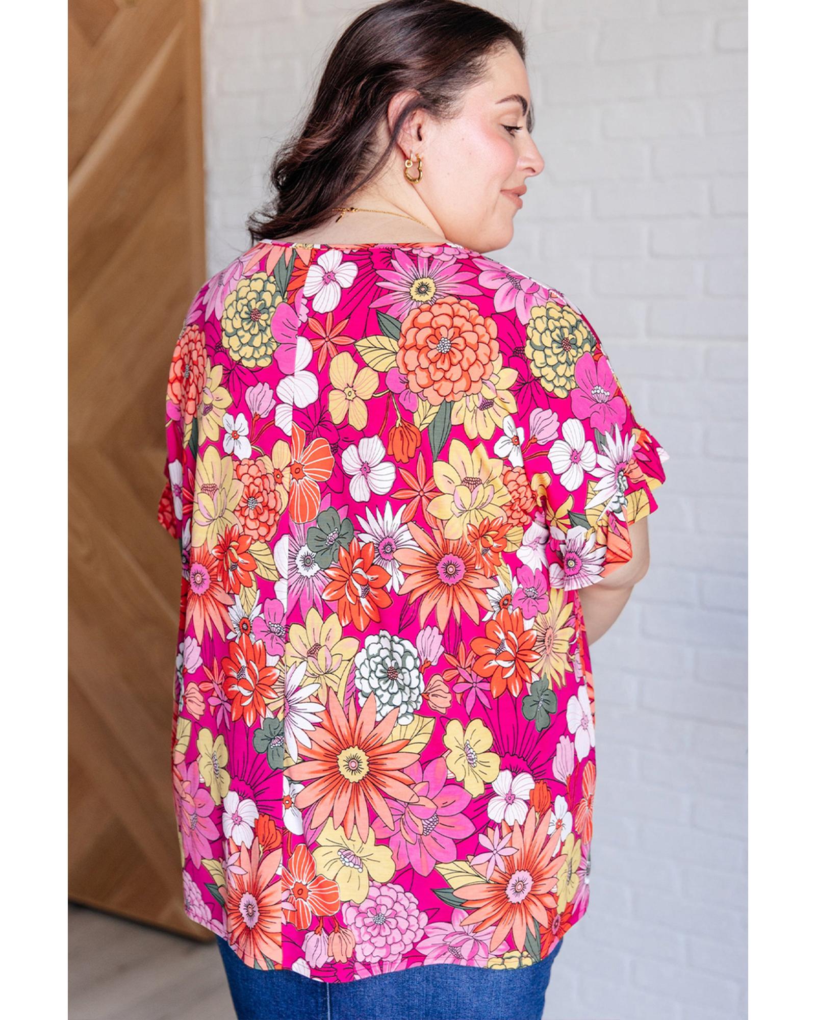 Rose Plus Size Floral Print Ruffle Short Sleeve Blouse - 2X