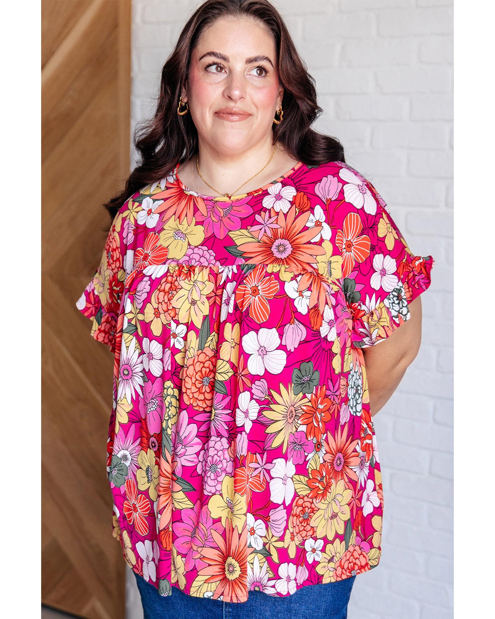 Rose Plus Size Floral Print Ruffle Short Sleeve Blouse - 4X 3