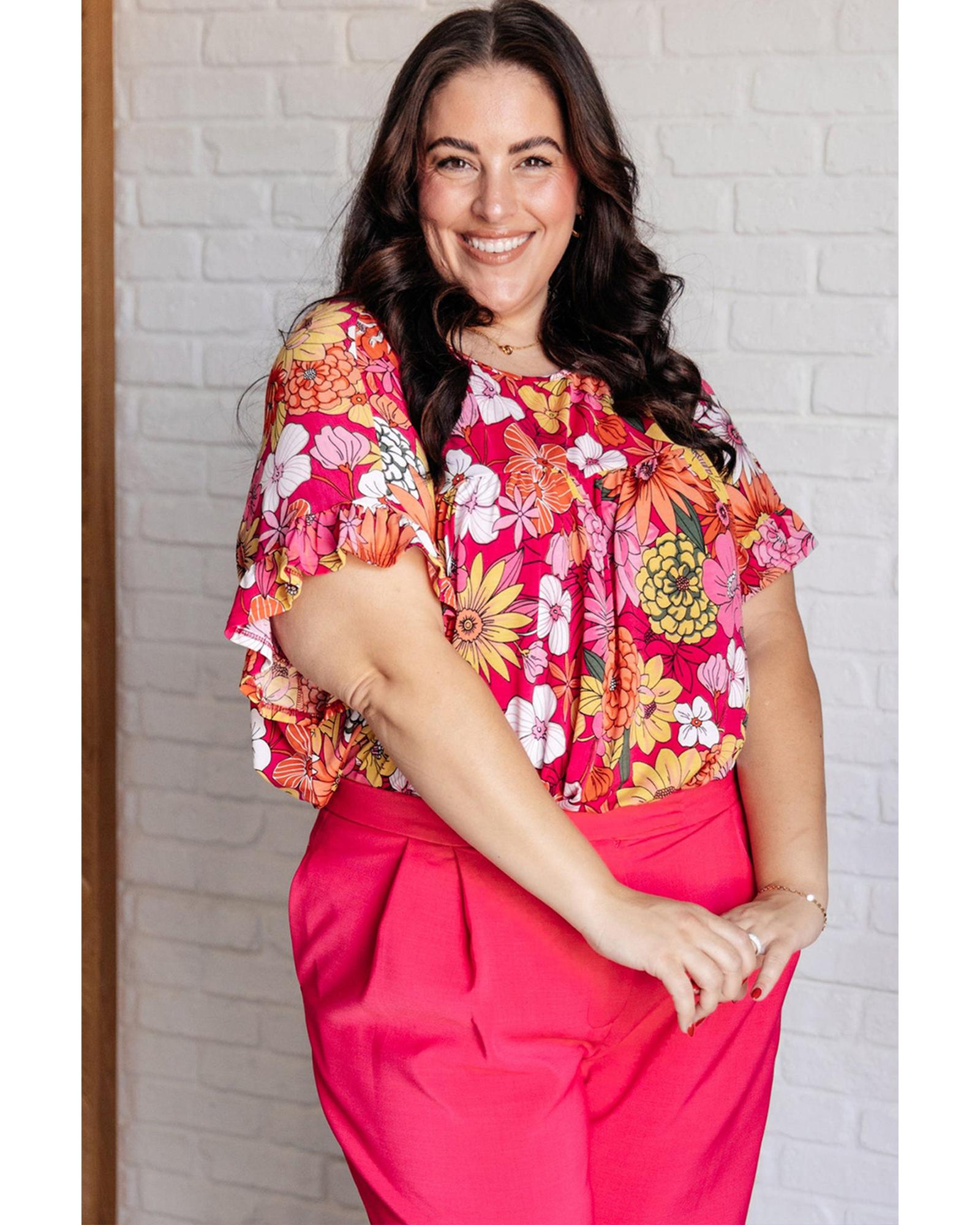 Rose Plus Size Floral Print Ruffle Short Sleeve Blouse - 4X 6