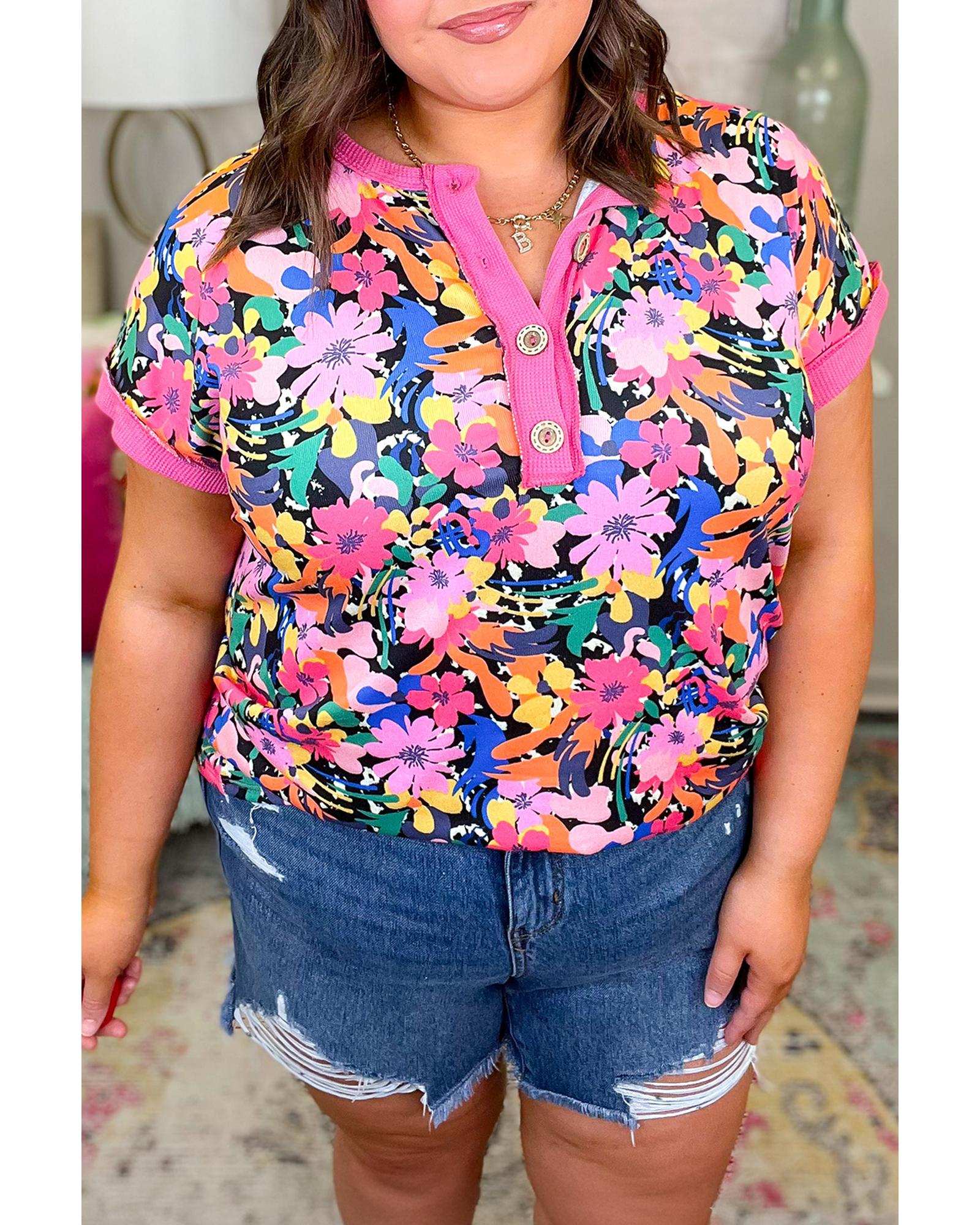 Rose Floral Short Sleeve Contrast Edge Plus Size Henley Top - 1X