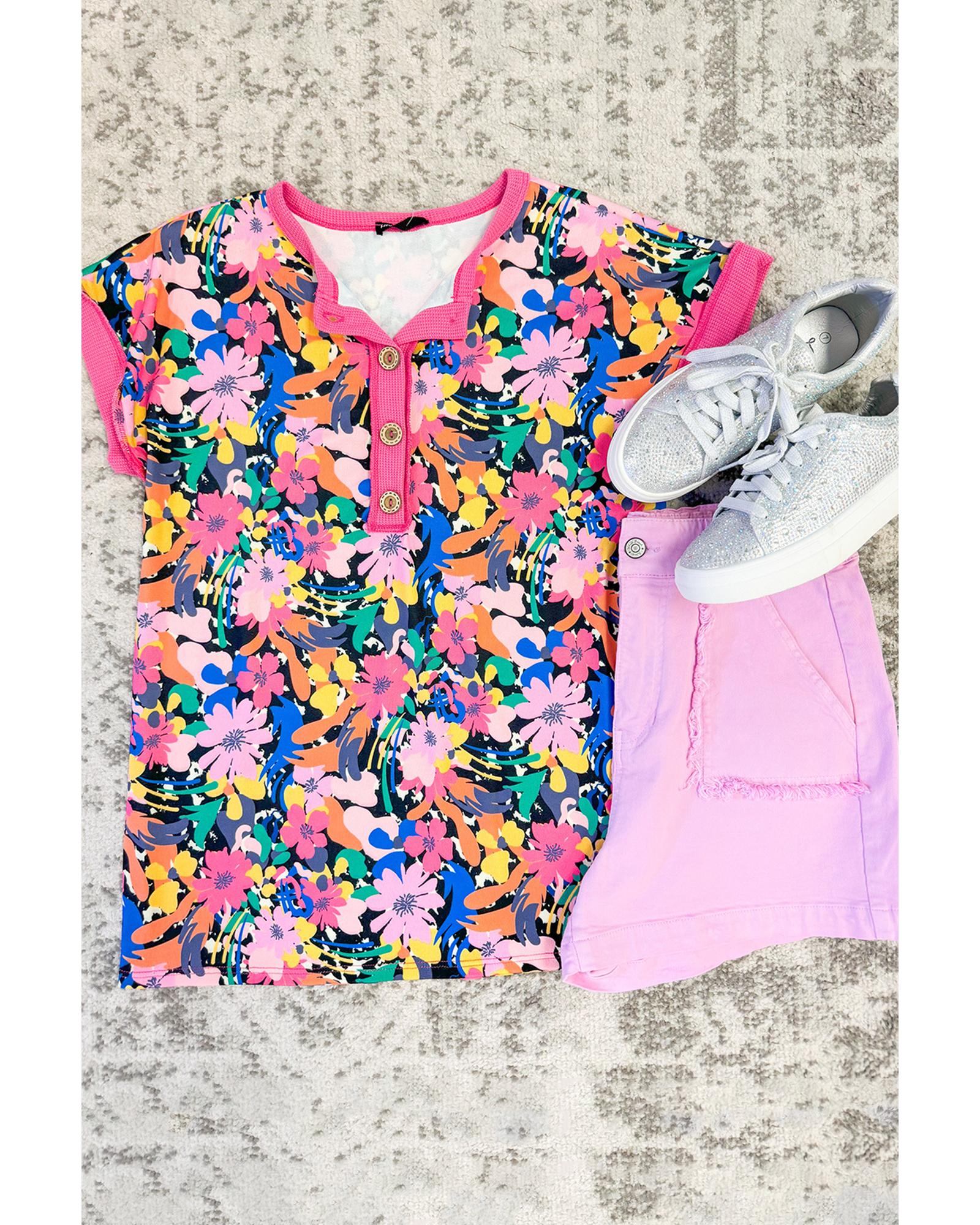 Rose Floral Short Sleeve Contrast Edge Plus Size Henley Top - 1X 4