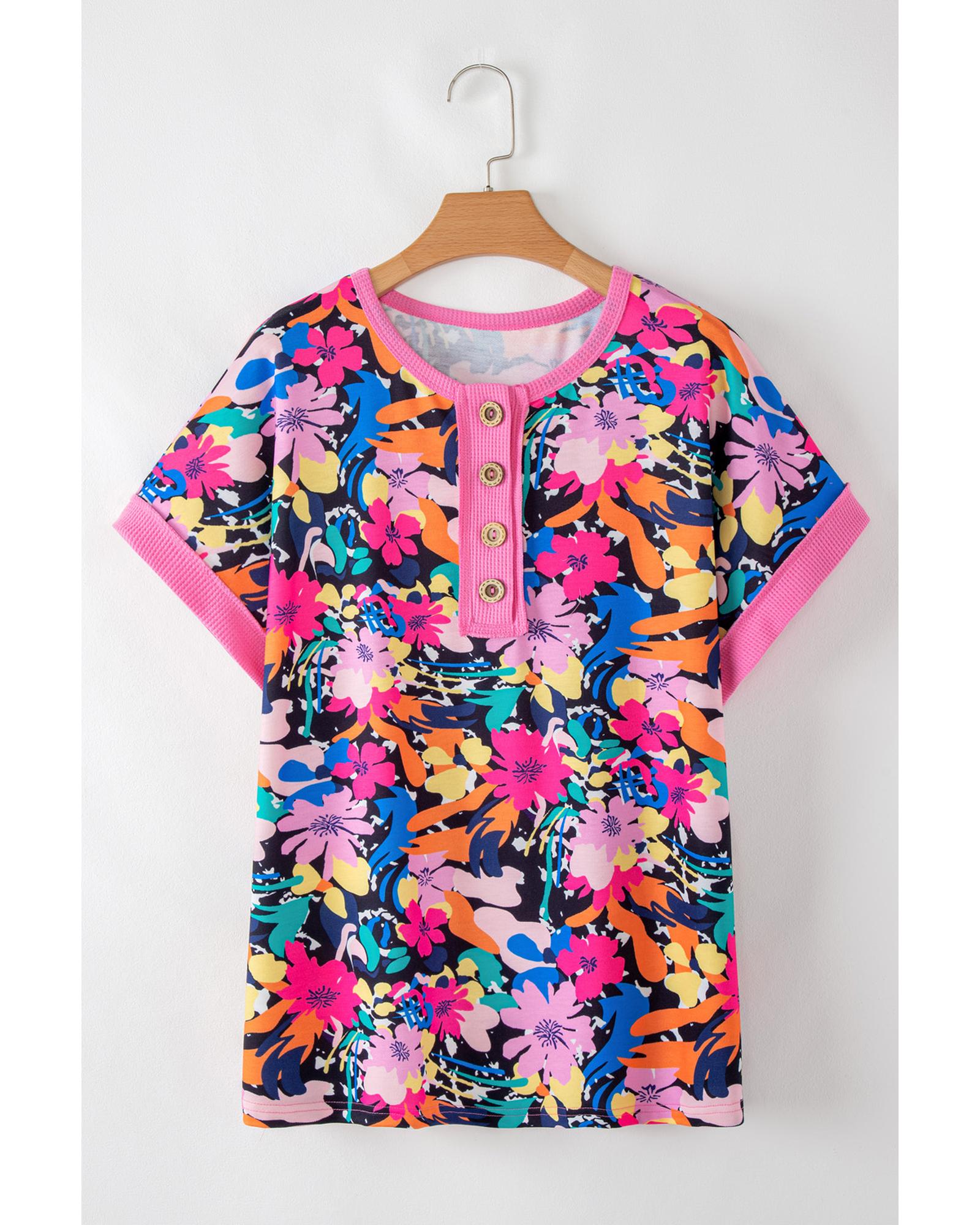 Rose Floral Short Sleeve Contrast Edge Plus Size Henley Top - 1X 5