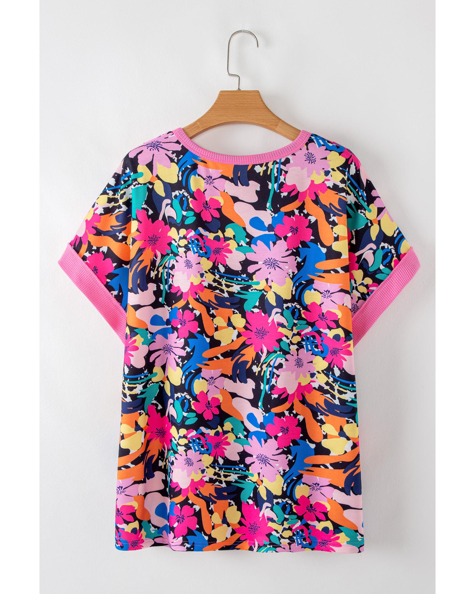 Rose Floral Short Sleeve Contrast Edge Plus Size Henley Top - 1X 6