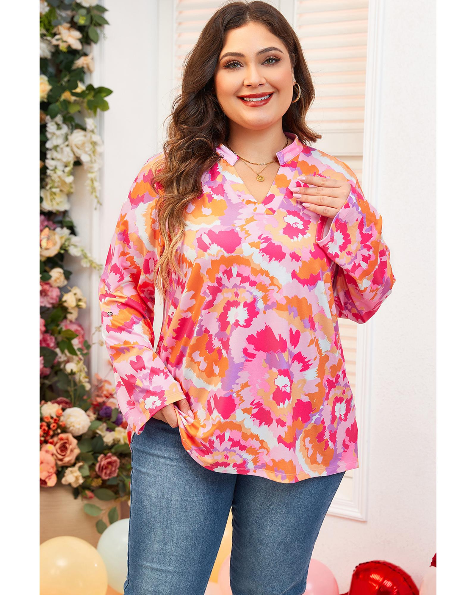 Pink Plus Size Abstract Floral Print V Neck Blouse - 2X 6