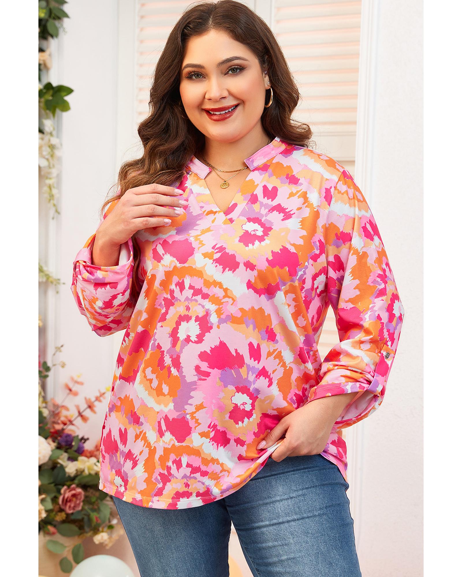 Pink Plus Size Abstract Floral Print V Neck Blouse - 3X 7