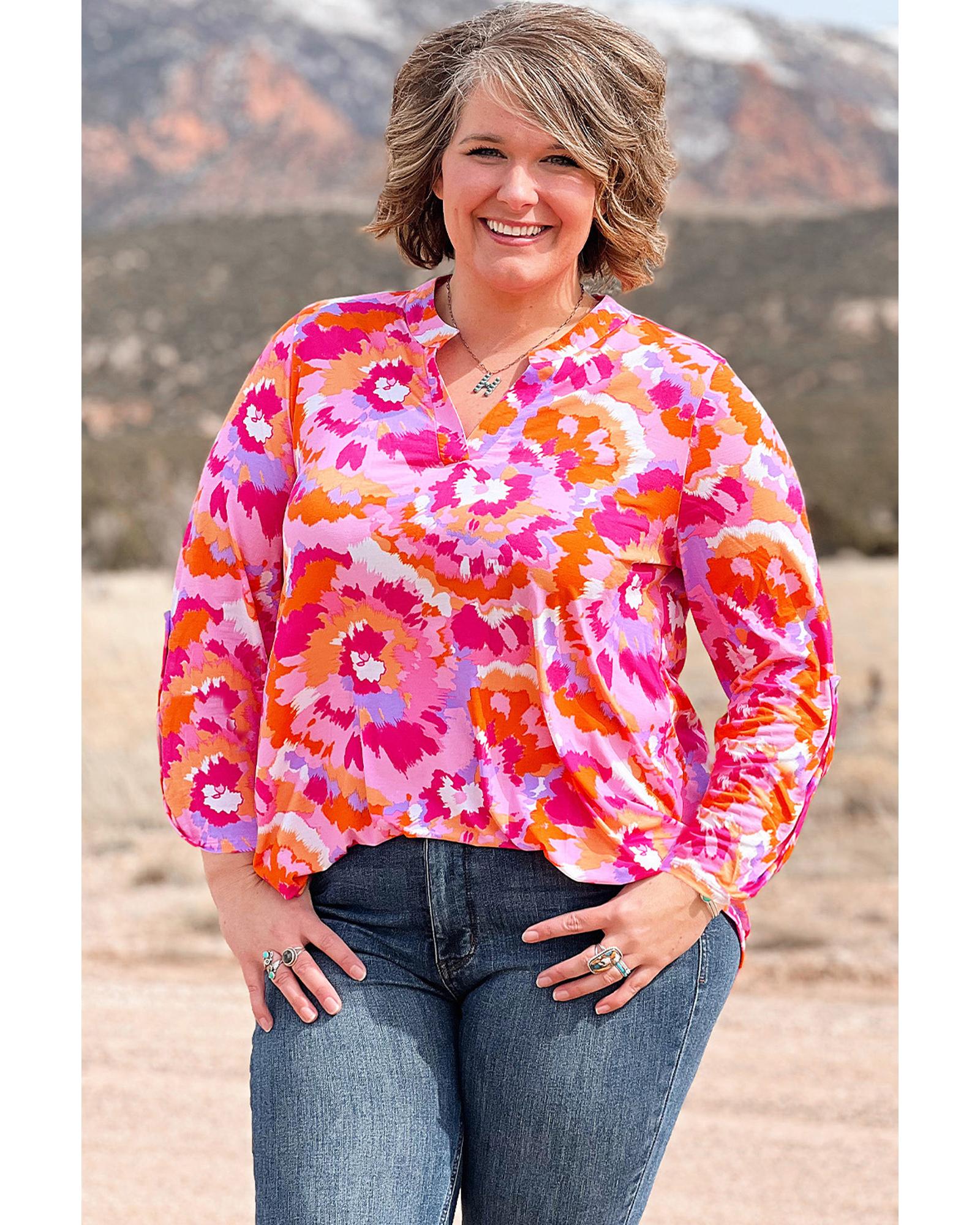 Pink Plus Size Abstract Floral Print V Neck Blouse - 4X 3