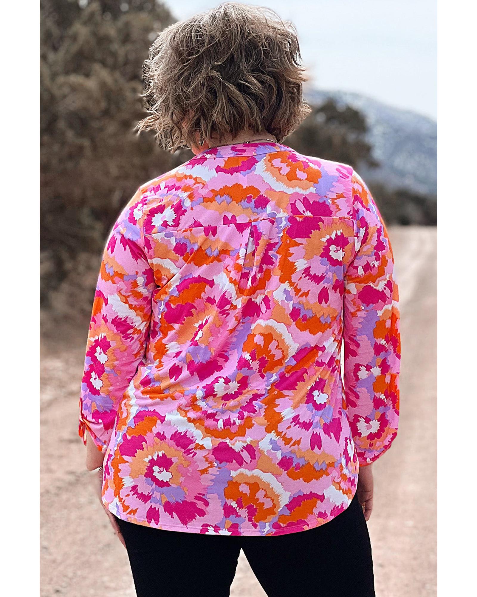 Pink Plus Size Abstract Floral Print V Neck Blouse - 4X 4