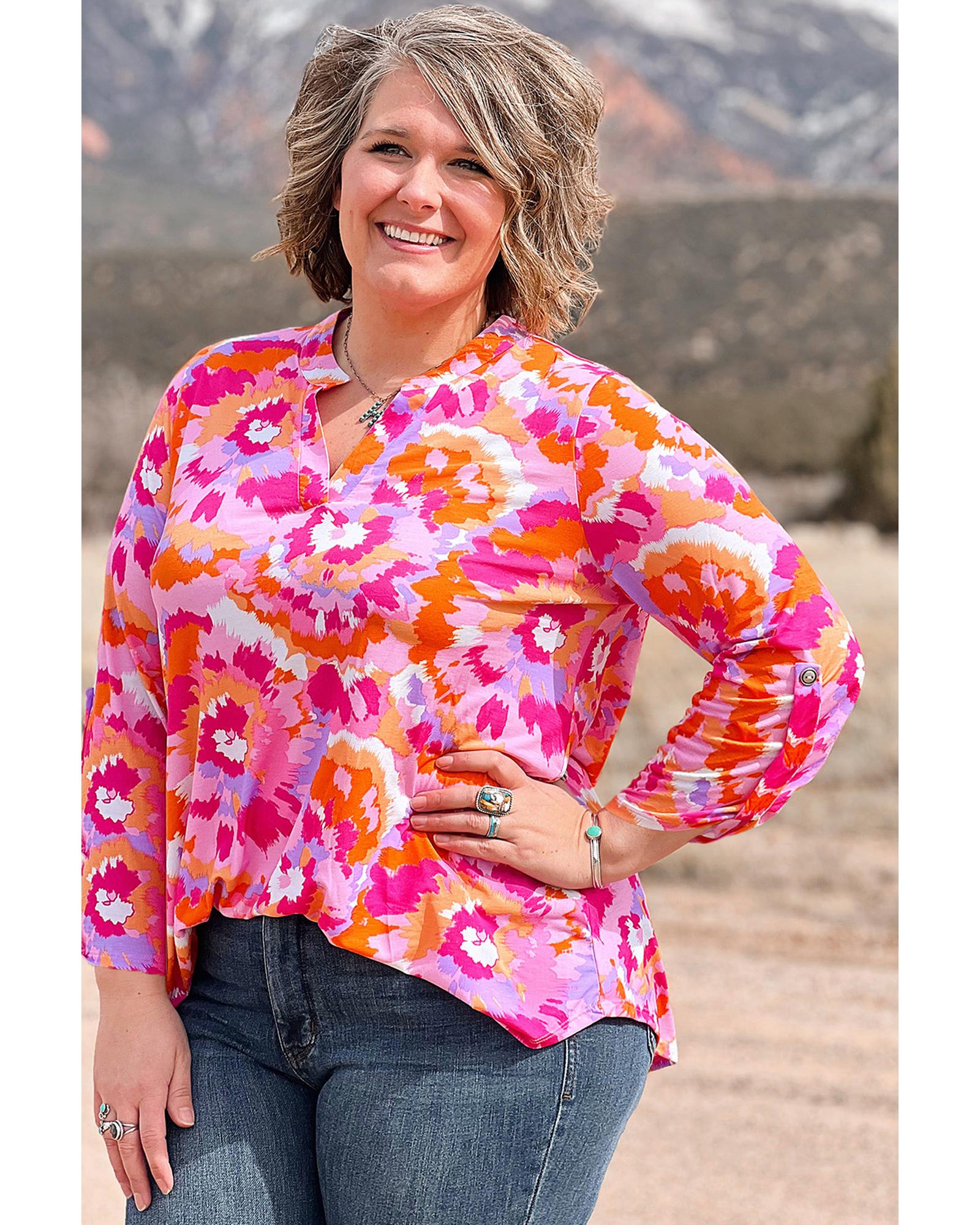 Pink Plus Size Abstract Floral Print V Neck Blouse - 4X 5