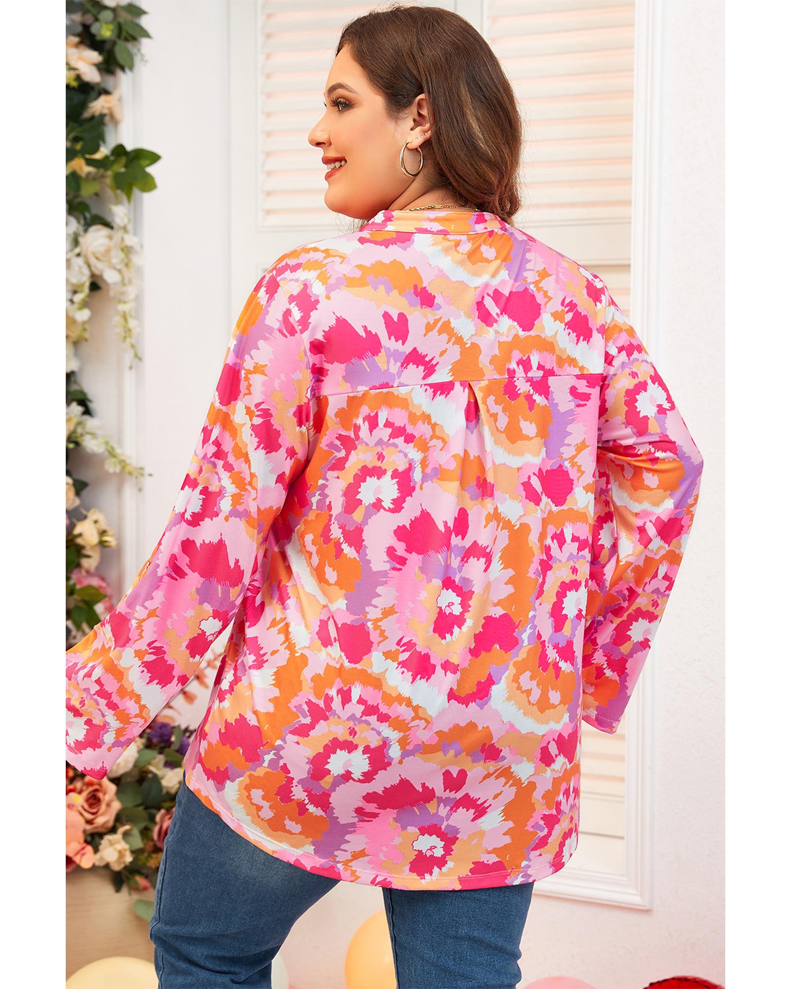 Pink Plus Size Abstract Floral Print V Neck Blouse - 4X 8