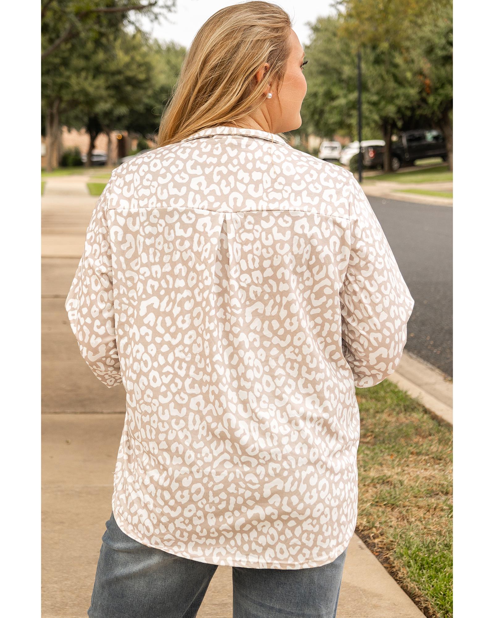 Apricot Leopard Tab Sleeve V Neck Plus Size Top - 1X 3