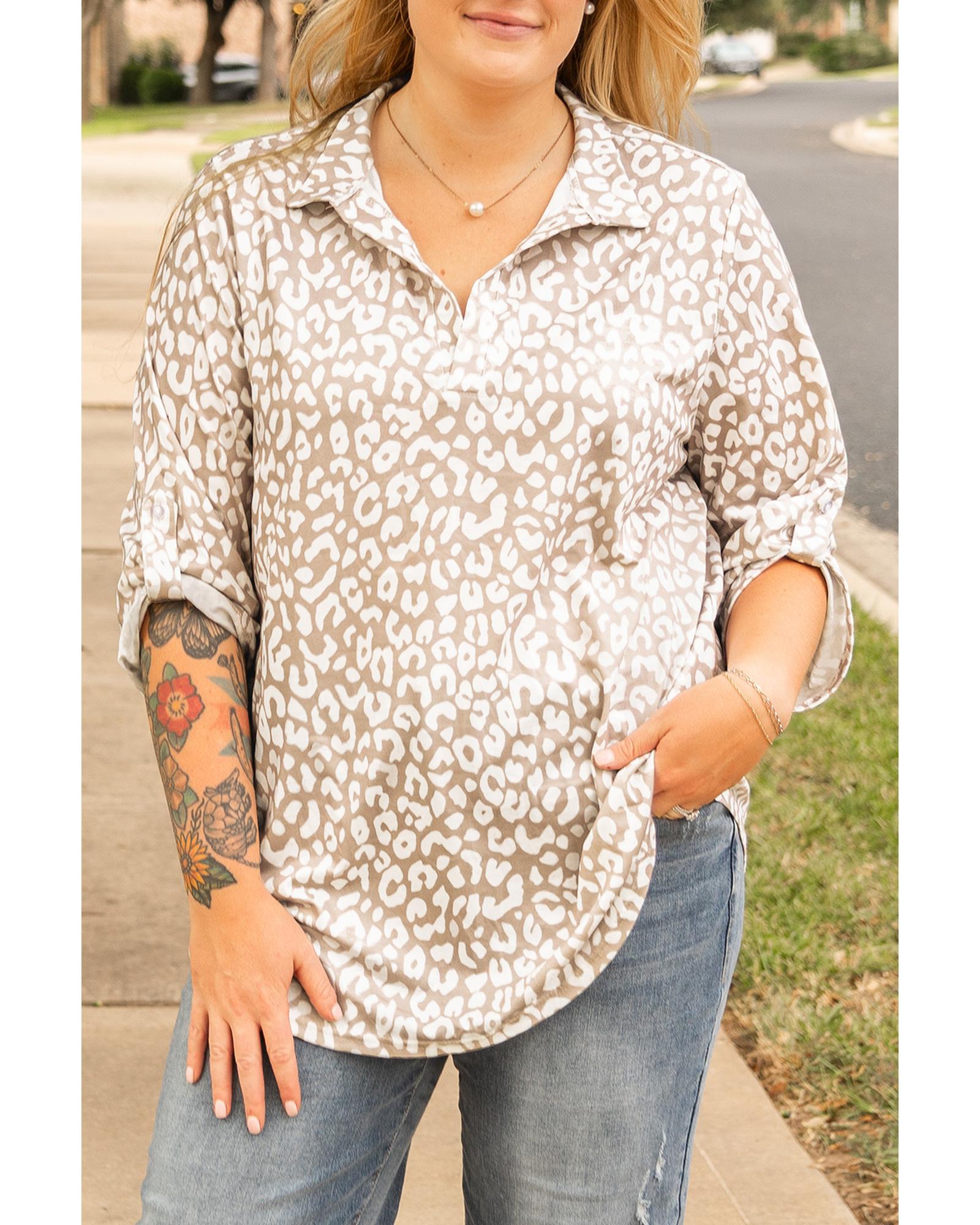 Apricot Leopard Tab Sleeve V Neck Plus Size Top - 1X 5