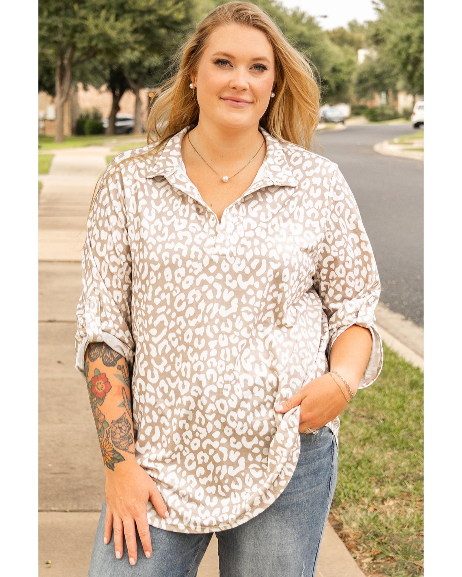 Apricot Leopard Tab Sleeve V Neck Plus Size Top - 2X 3