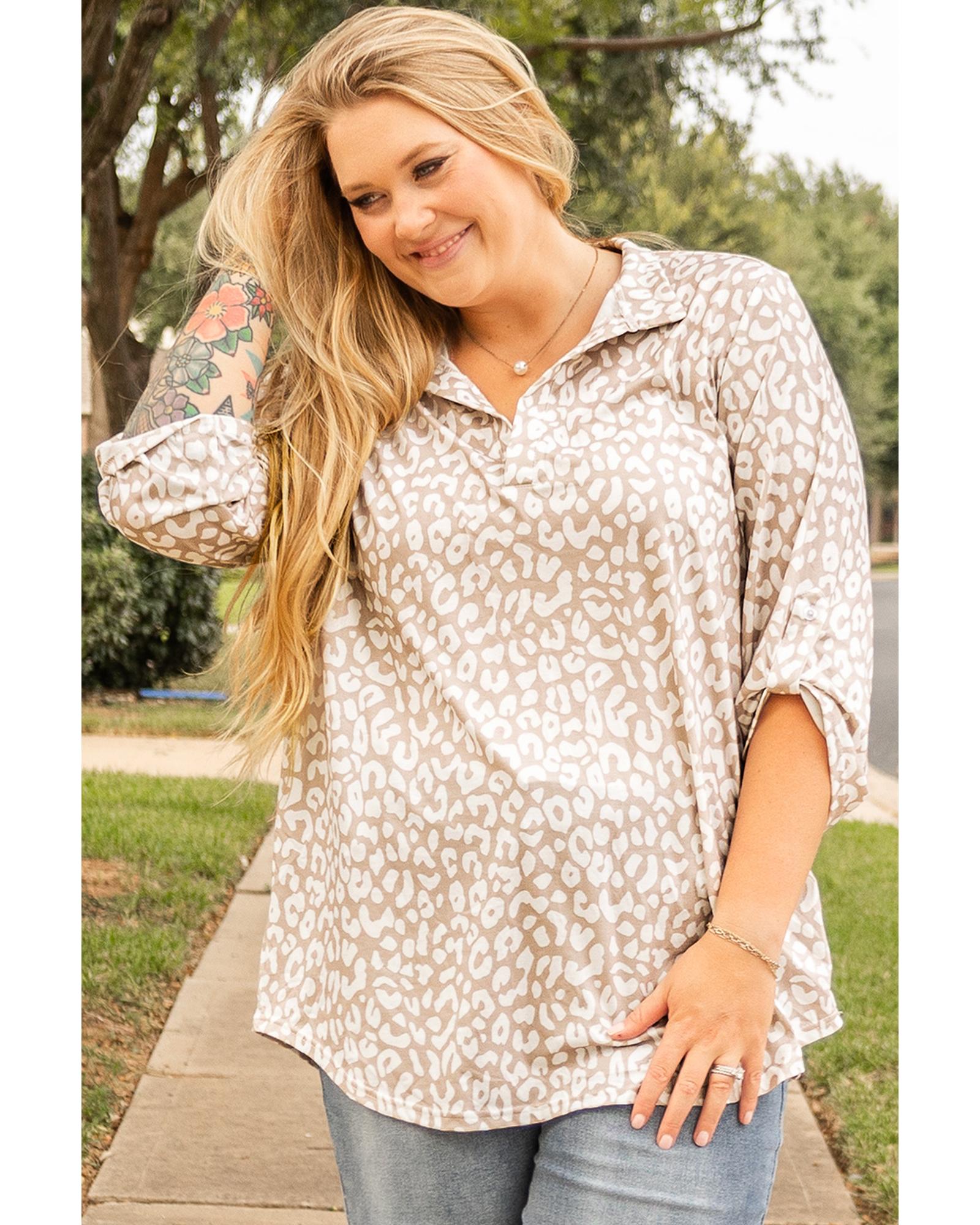 Apricot Leopard Tab Sleeve V Neck Plus Size Top - 3X
