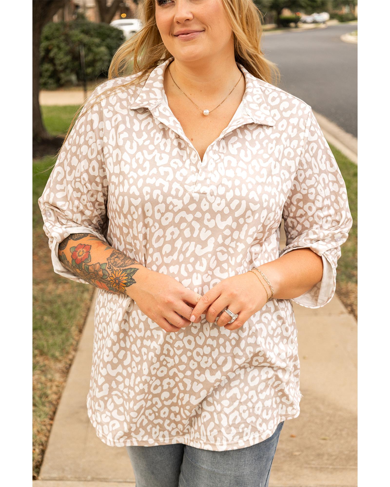 Apricot Leopard Tab Sleeve V Neck Plus Size Top - 3X 7