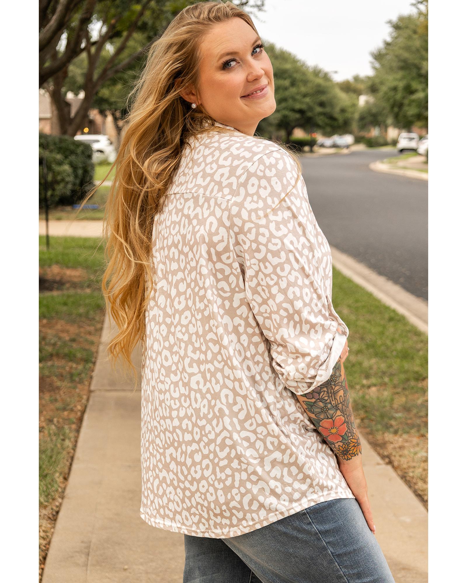 Apricot Leopard Tab Sleeve V Neck Plus Size Top - 4X