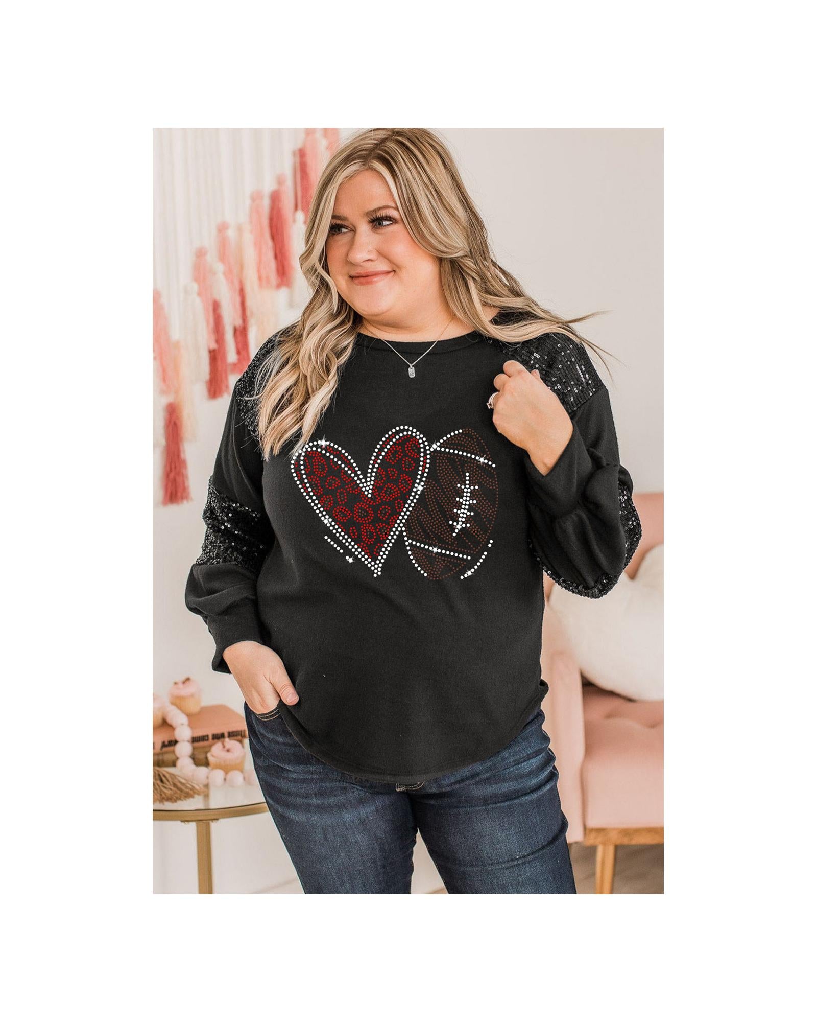 Black Rhinestone Heart Rugby Football Pattern Sequin Patched Sleeve Plus Size Top - 2X