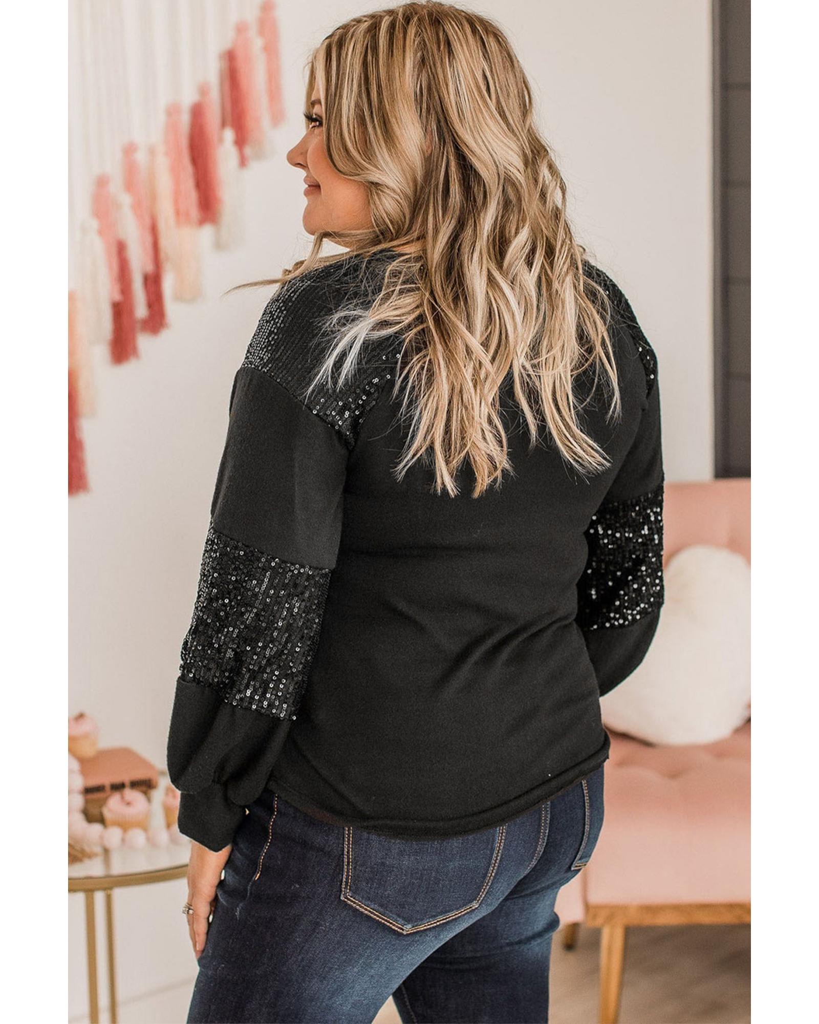 Black Rhinestone Heart Rugby Football Pattern Sequin Patched Sleeve Plus Size Top - 2X 3