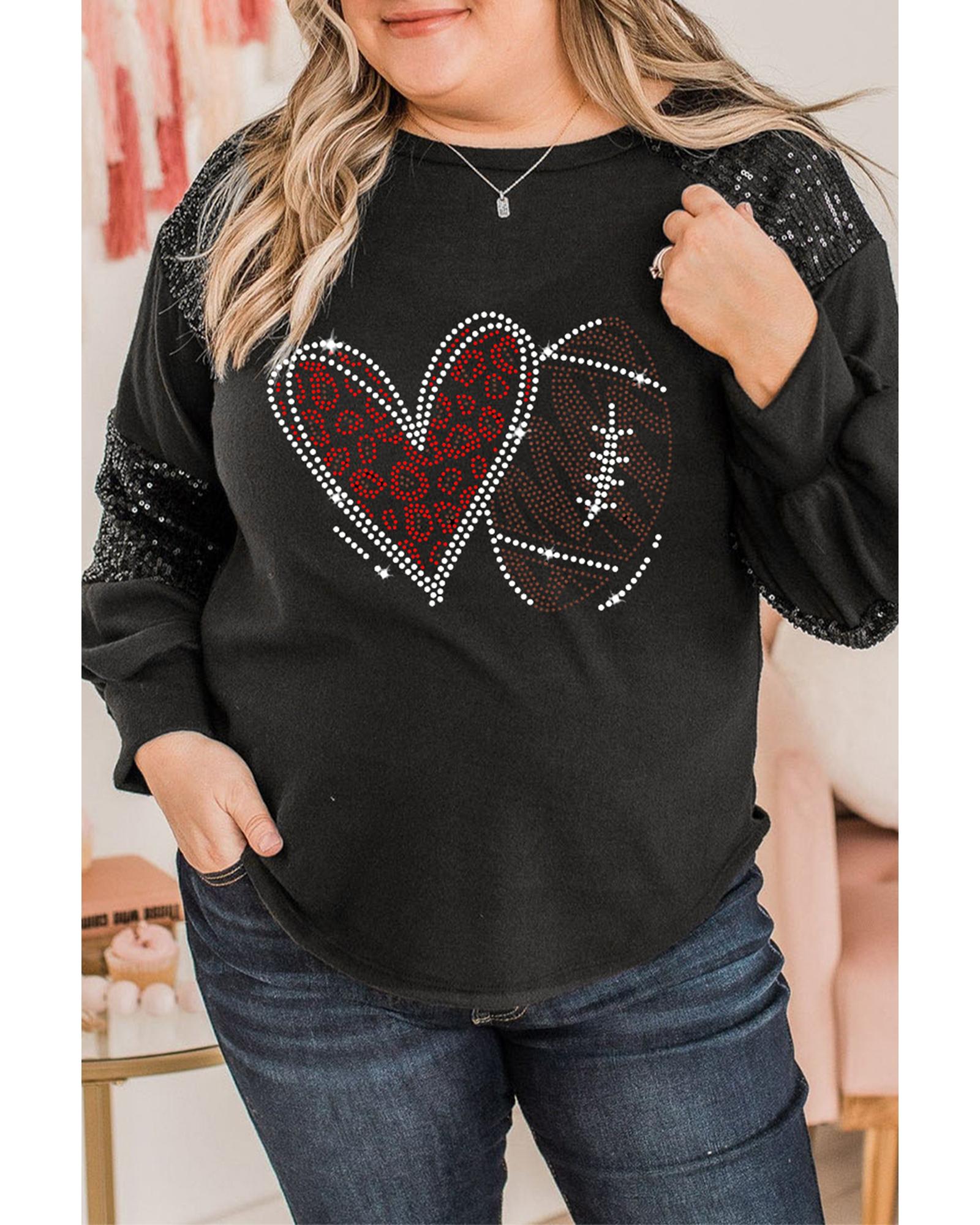 Black Rhinestone Heart Rugby Football Pattern Sequin Patched Sleeve Plus Size Top - 3X
