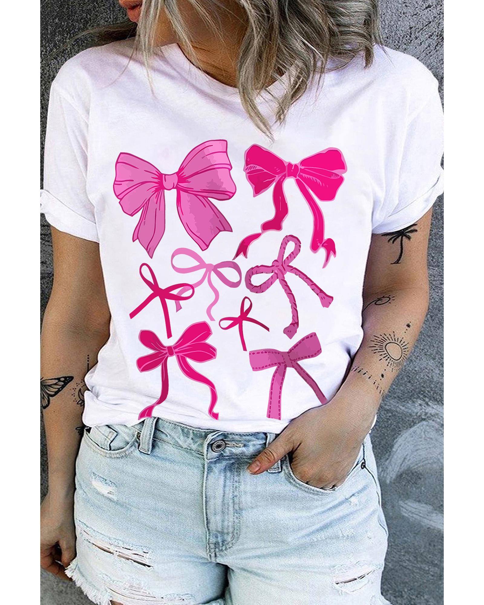 White Diverse Bowknot Printed Crew Neck Plus Size Tee - 3X