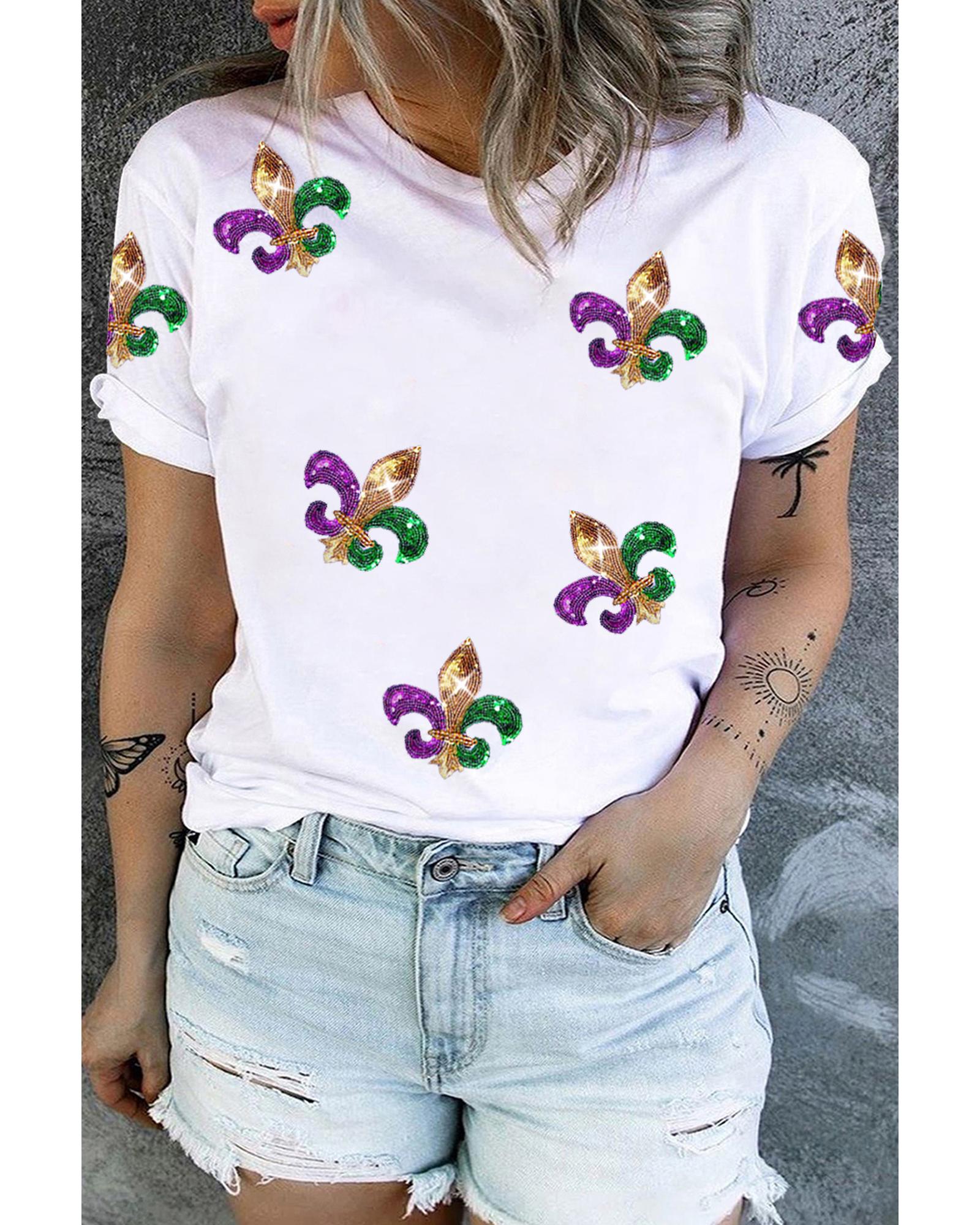 White Plus Size Glitter Fleur De Lis Patch Mardi Gras T-shirt - 1X