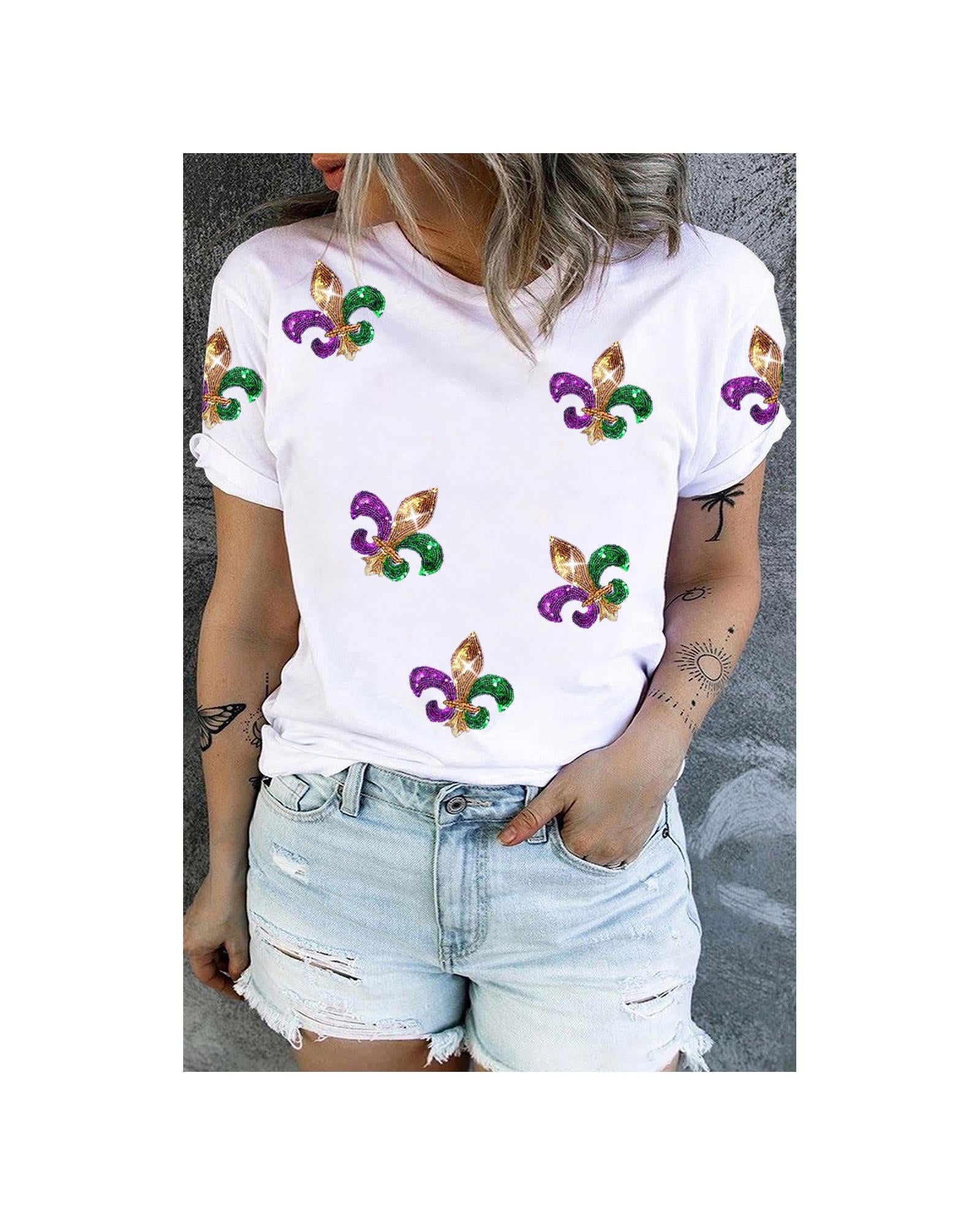 White Plus Size Glitter Fleur De Lis Patch Mardi Gras T-shirt - 3X