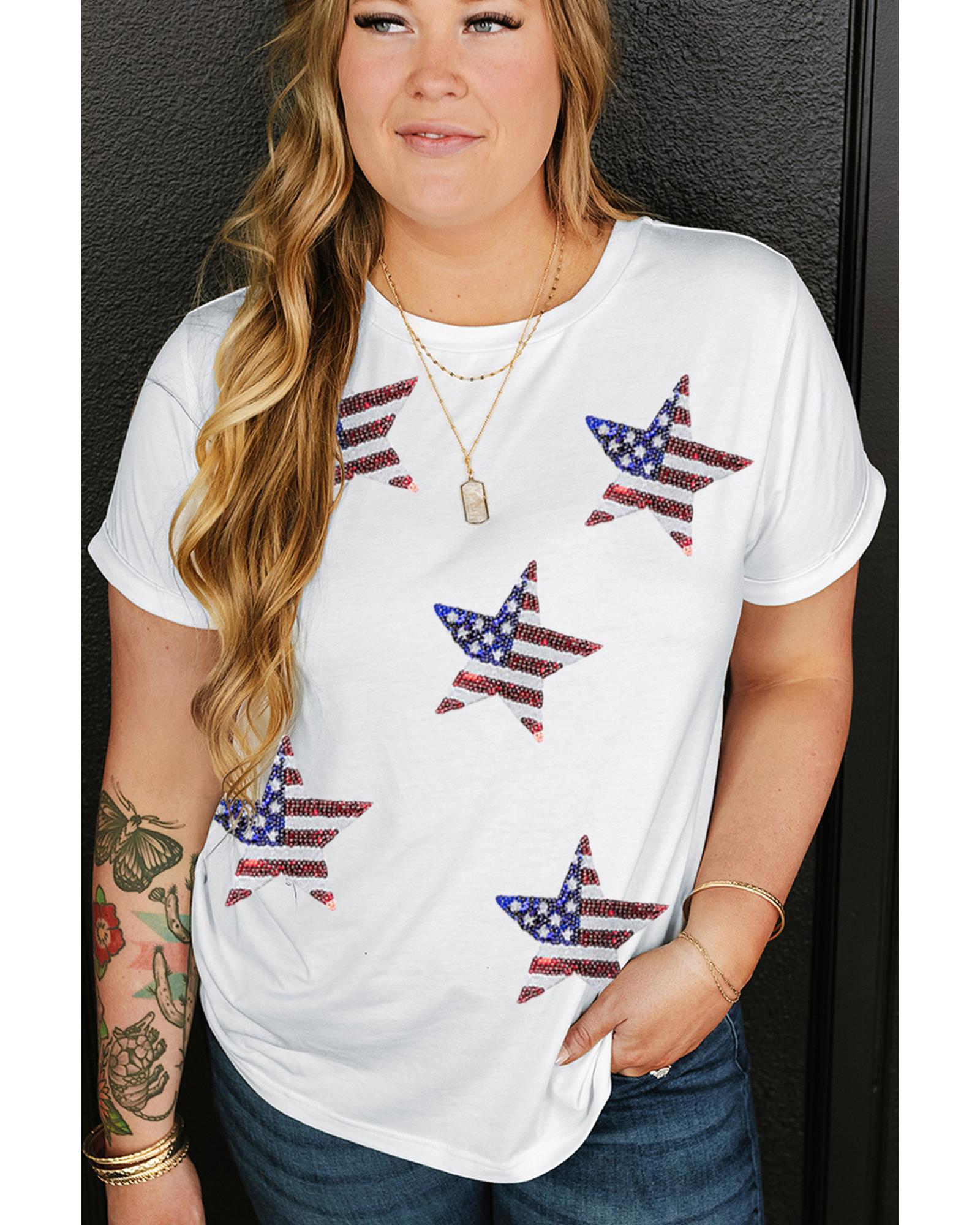 White Sequin American Flag Star Pattern Plus Size Tee - 1X 3