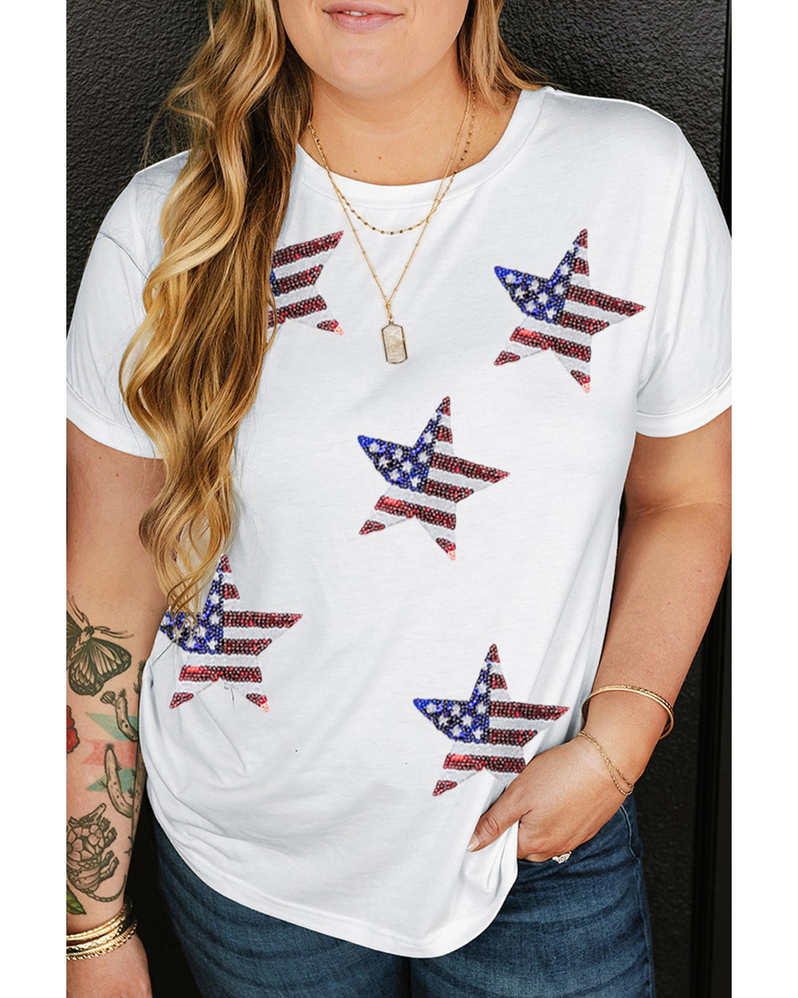 White Sequin American Flag Star Pattern Plus Size Tee - 2X