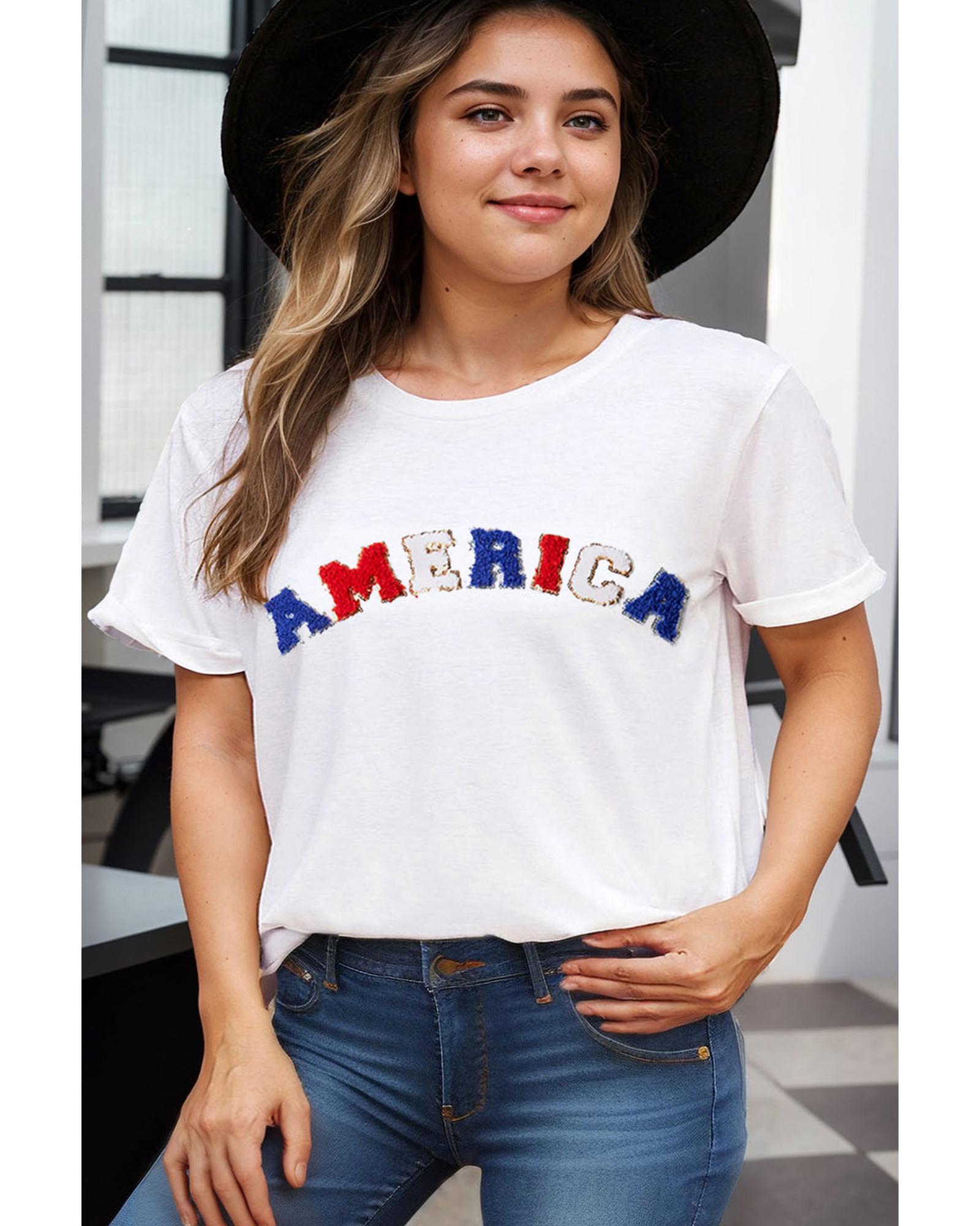 White AMERICA Chenille Embroidered Plus Size T Shirt - 2X