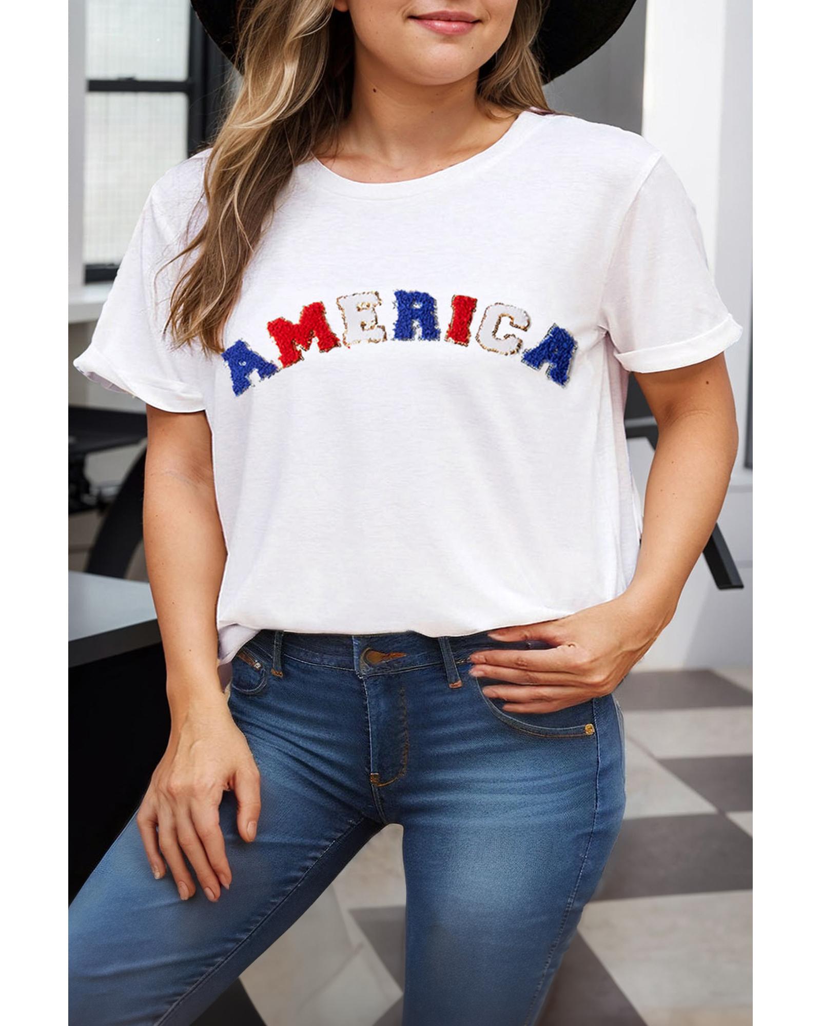 White AMERICA Chenille Embroidered Plus Size T Shirt - 2X 3