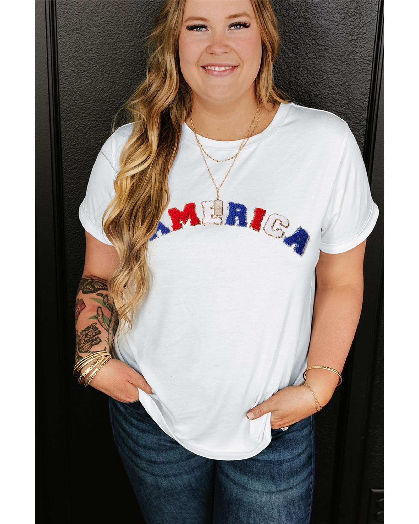 White AMERICA Chenille Embroidered Plus Size T Shirt - 3X