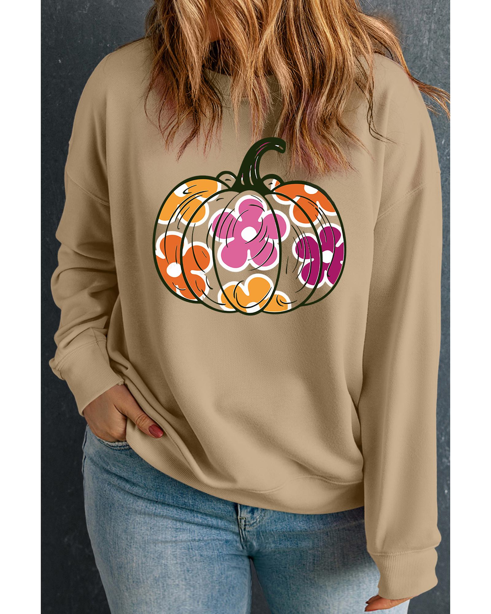 Apricot Plus Size Floral Pumpkin Print O Neck Halloween Sweatshirt - 4X
