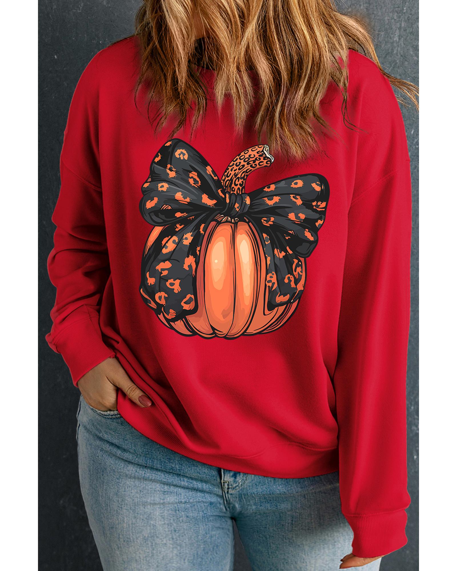 Racing Red Halloween Bow Knot Pumpkin Print Drop Shoulder Plus Sweatshirt - 1X