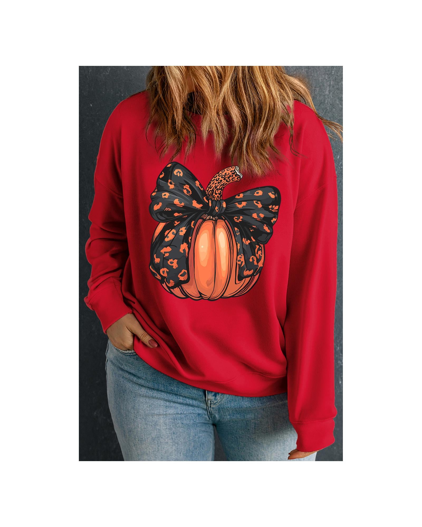 Racing Red Halloween Bow Knot Pumpkin Print Drop Shoulder Plus Sweatshirt - 3X