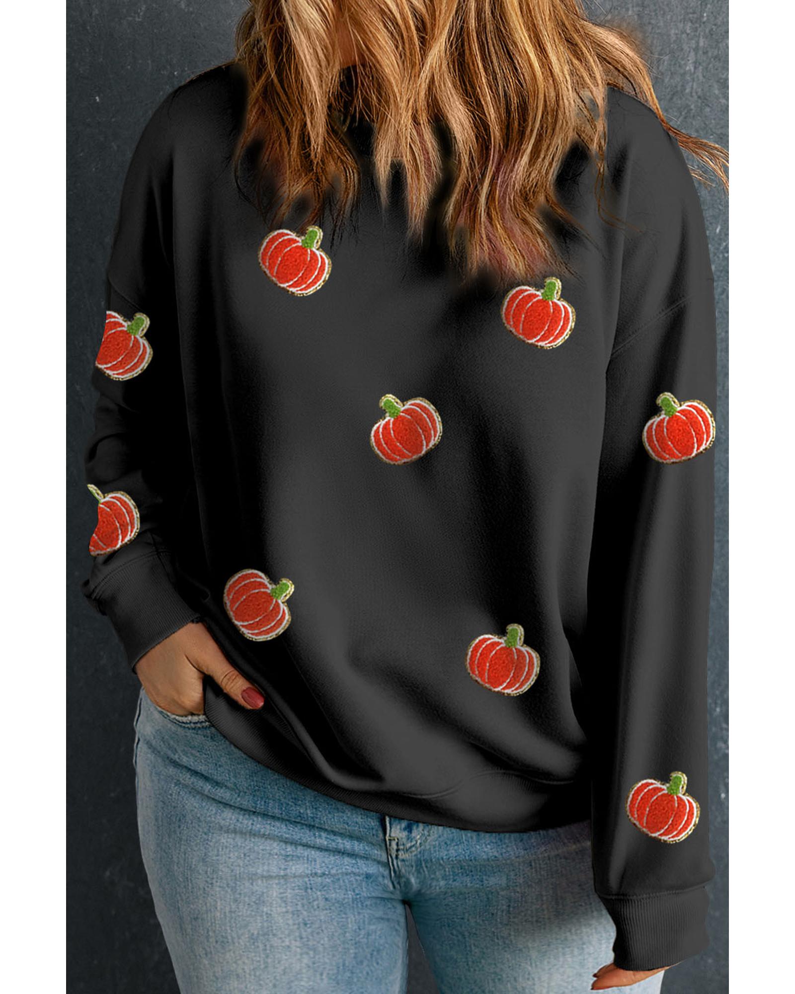 Black Chenille Pumpkin Patched Drop Shoulder Plus Size Sweatshirt - 1X