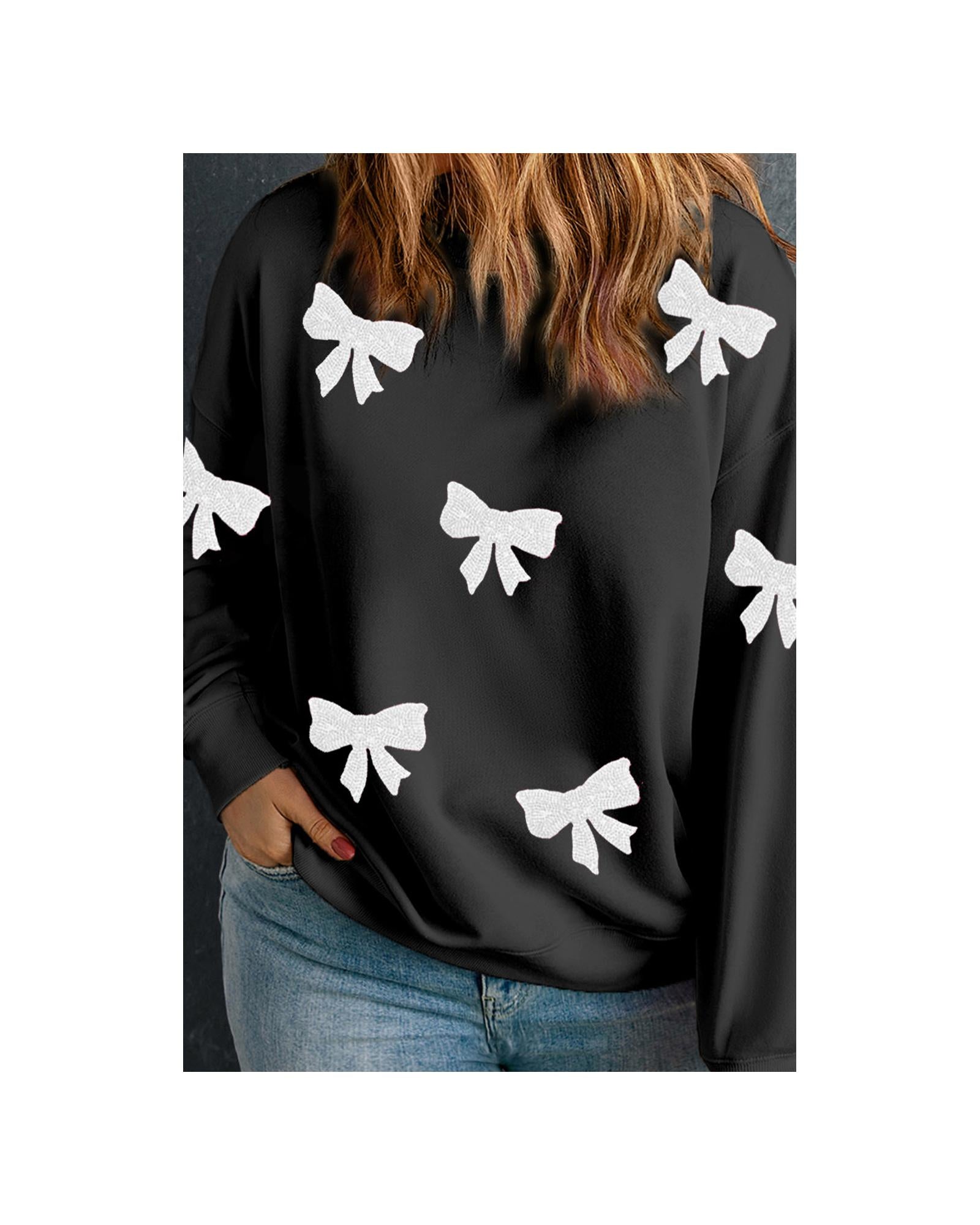 Black Bow Pattern Drop Shoulder Plus Size Sweatshirt - 4X
